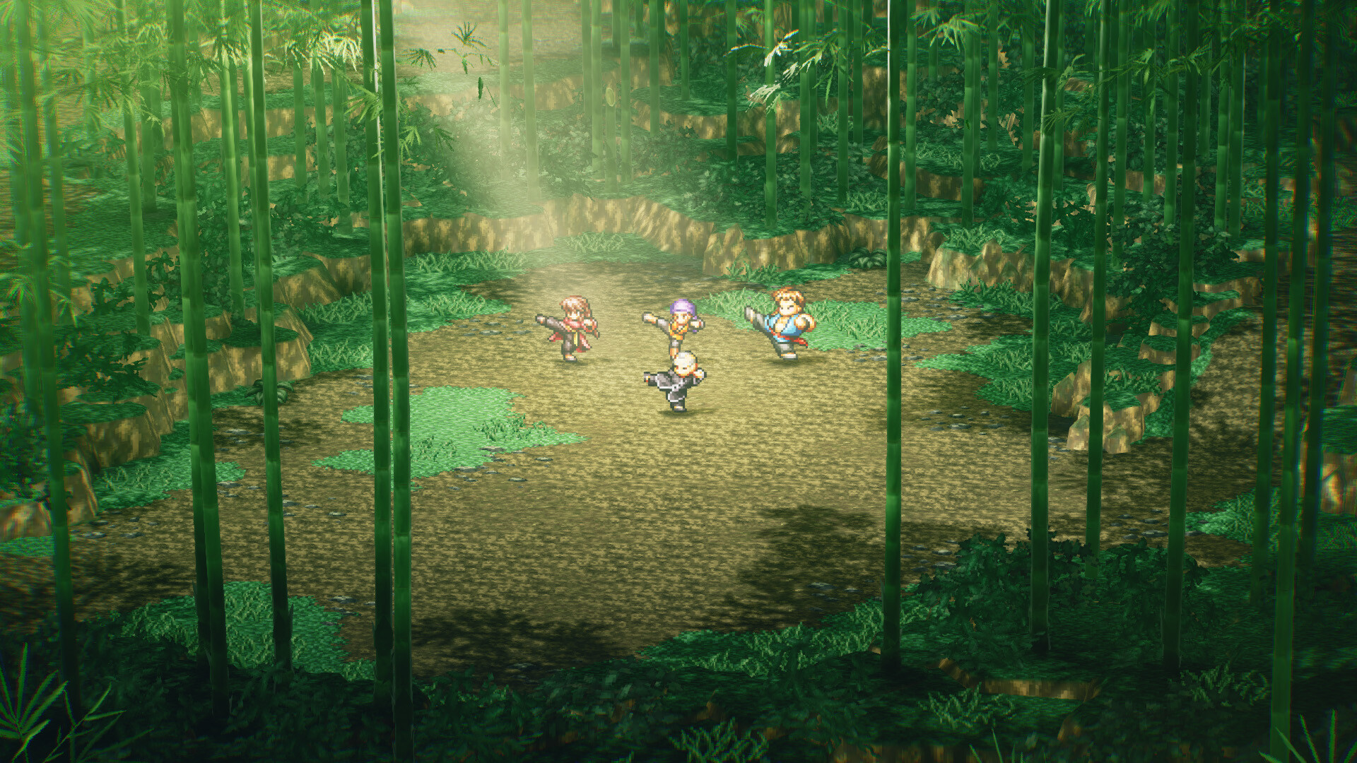 Characters cross a bamboo grove in the HD-2D remake.