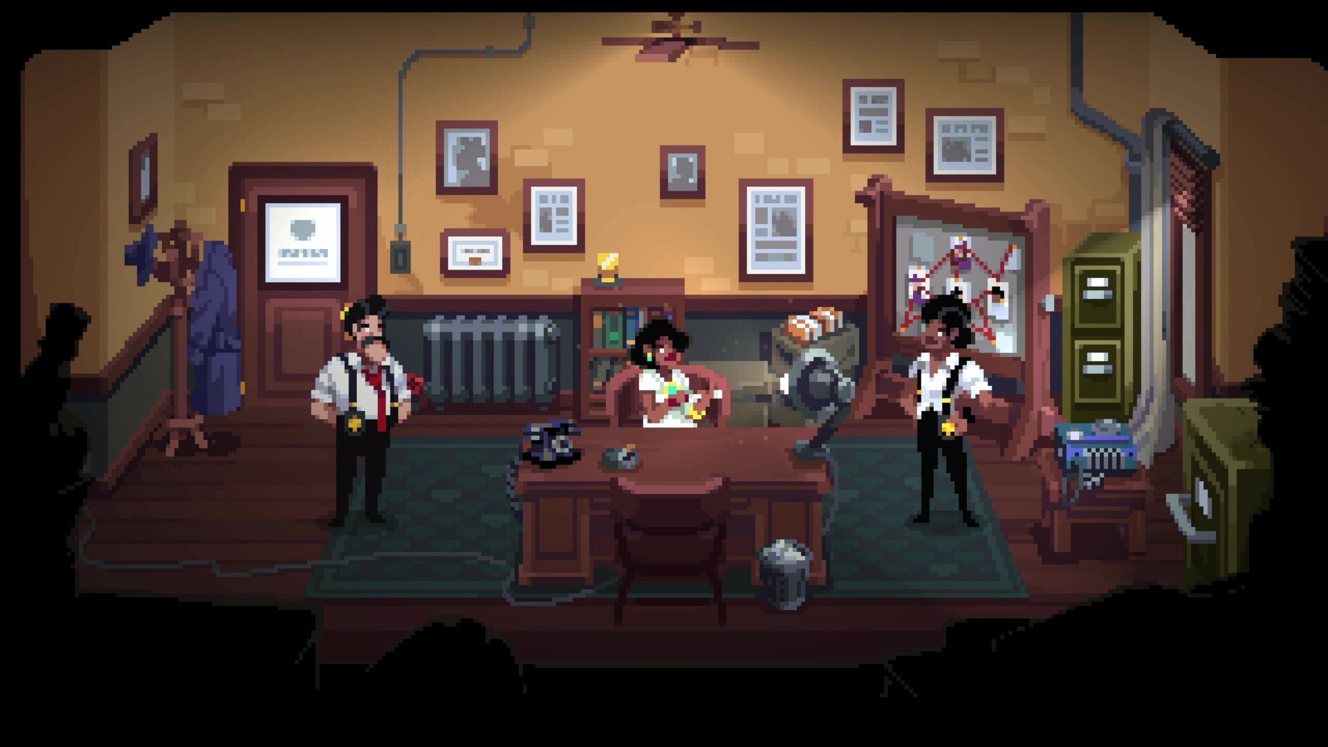 Three characters gather in an office aboard the train.