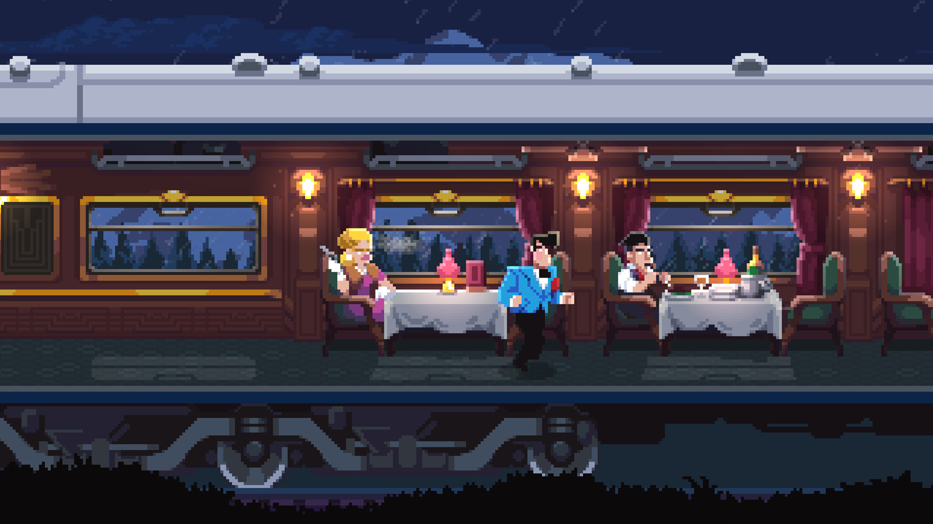 Passengers sit in a dining car as the train moves at night.