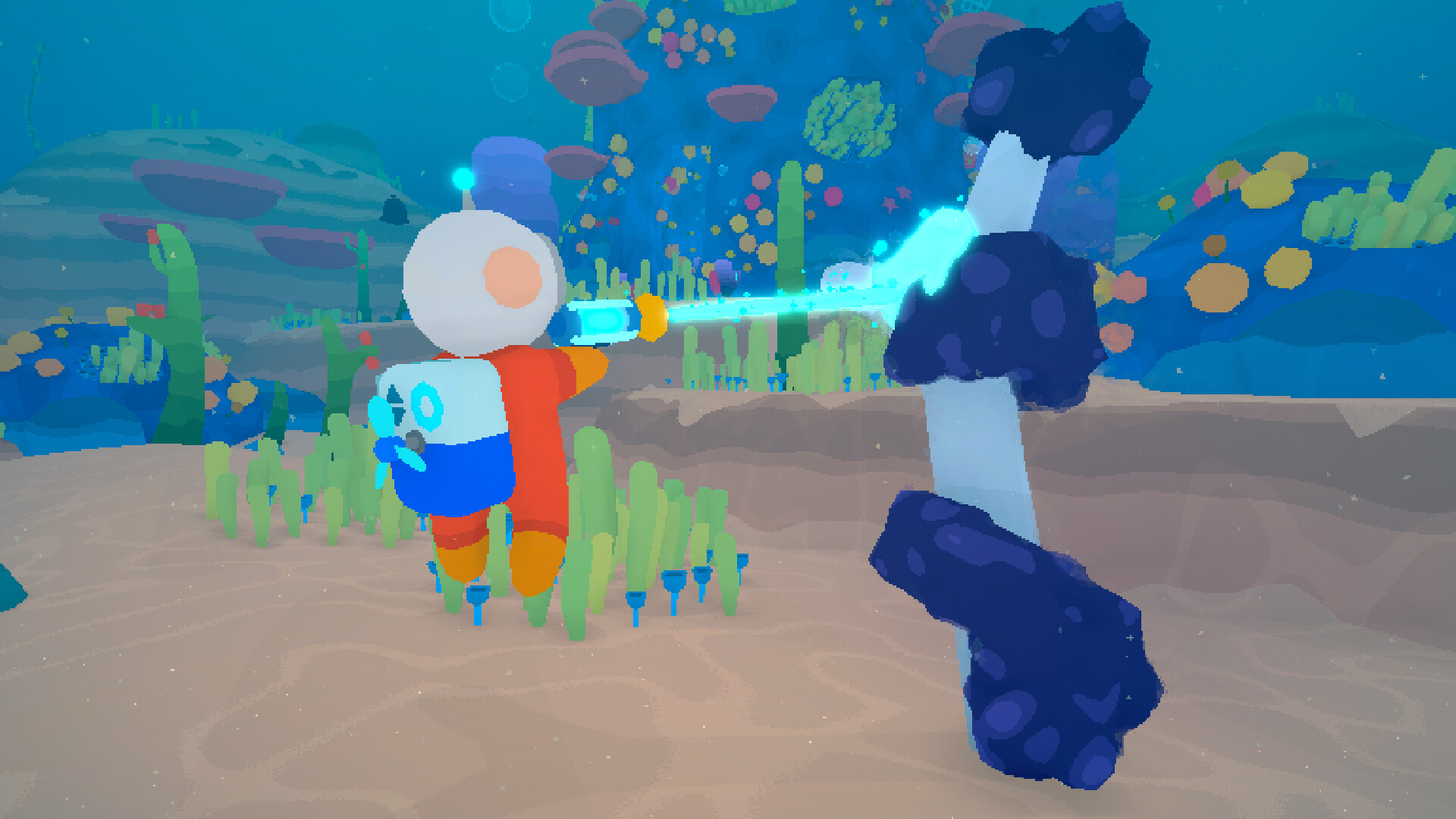 An underwater custodian clears dark pollution with a blue cleaning beam.