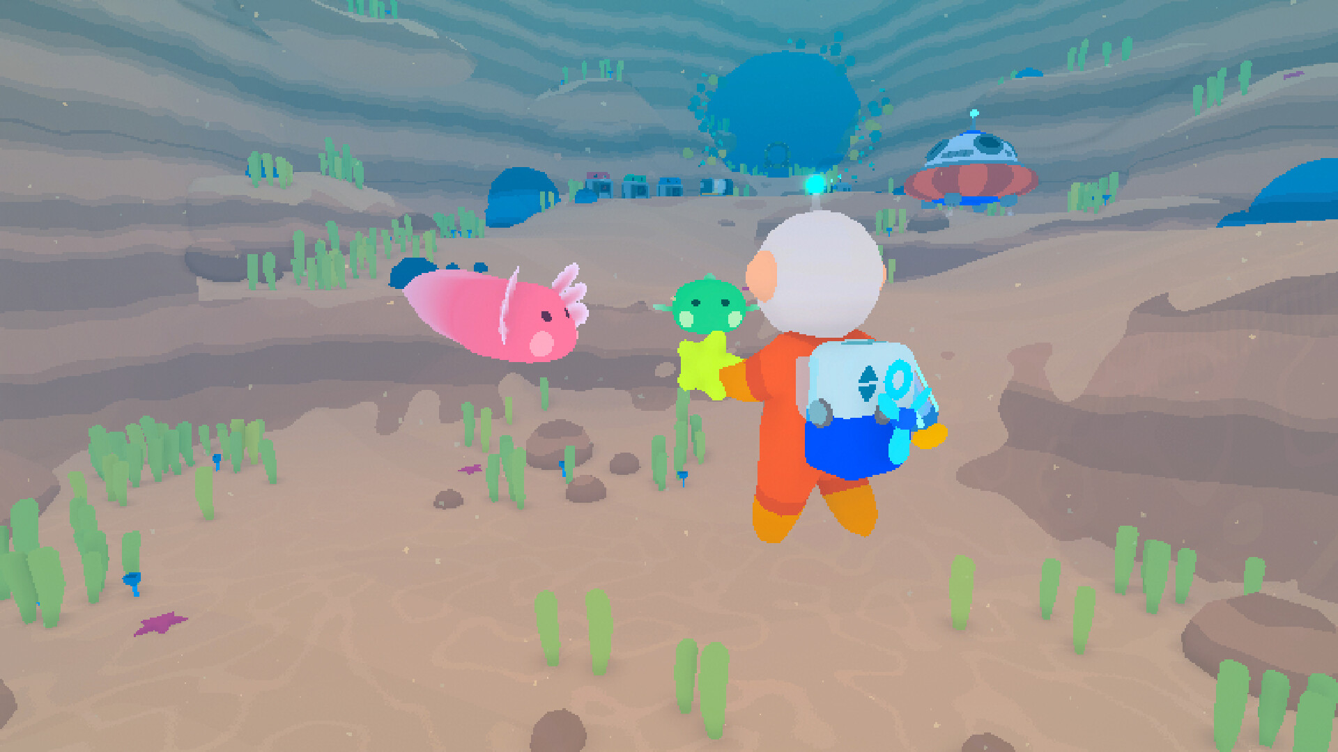 The custodian approaches pink and green loddles on the ocean floor.