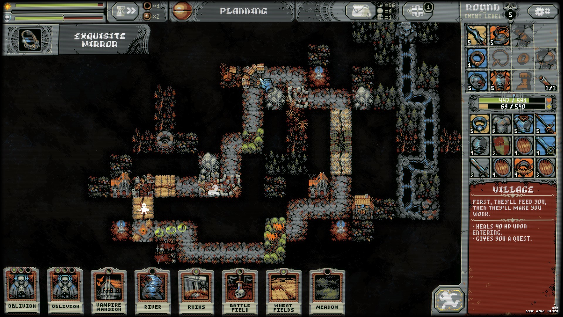A looping route is surrounded by placed terrain and enemy cards.