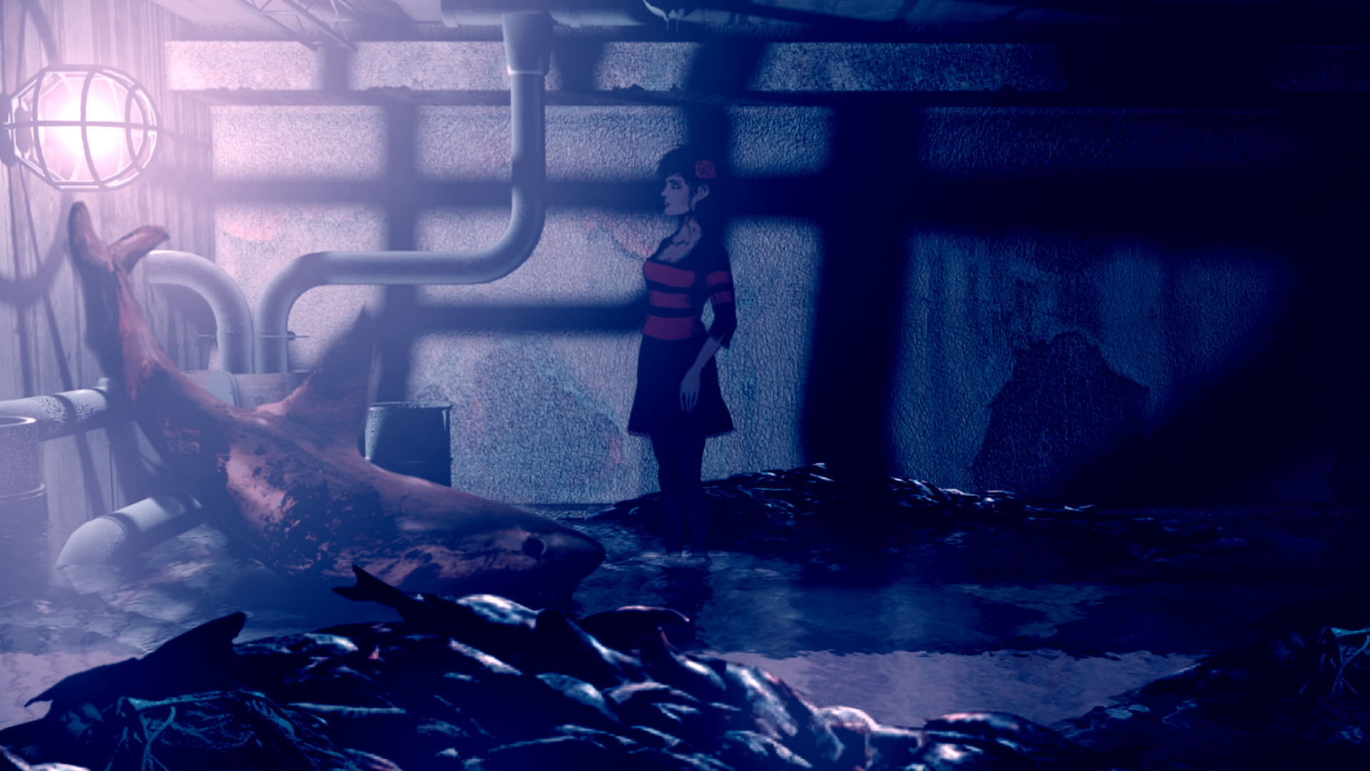 Lorelai stands beside pipes and scattered debris in a dark industrial scene.