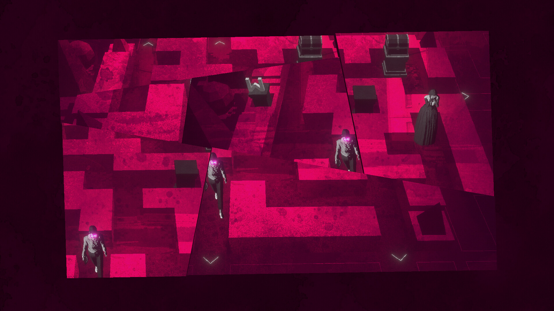 Several figures occupy a crimson, angular puzzle space.