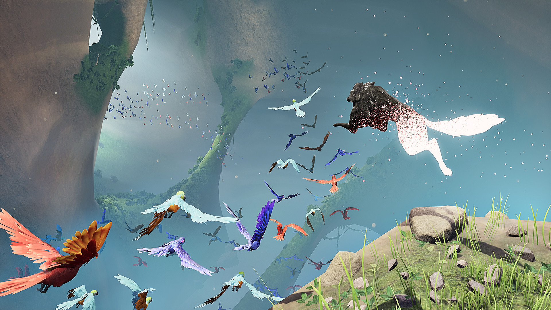 Birds fly near a white spectral wolf.