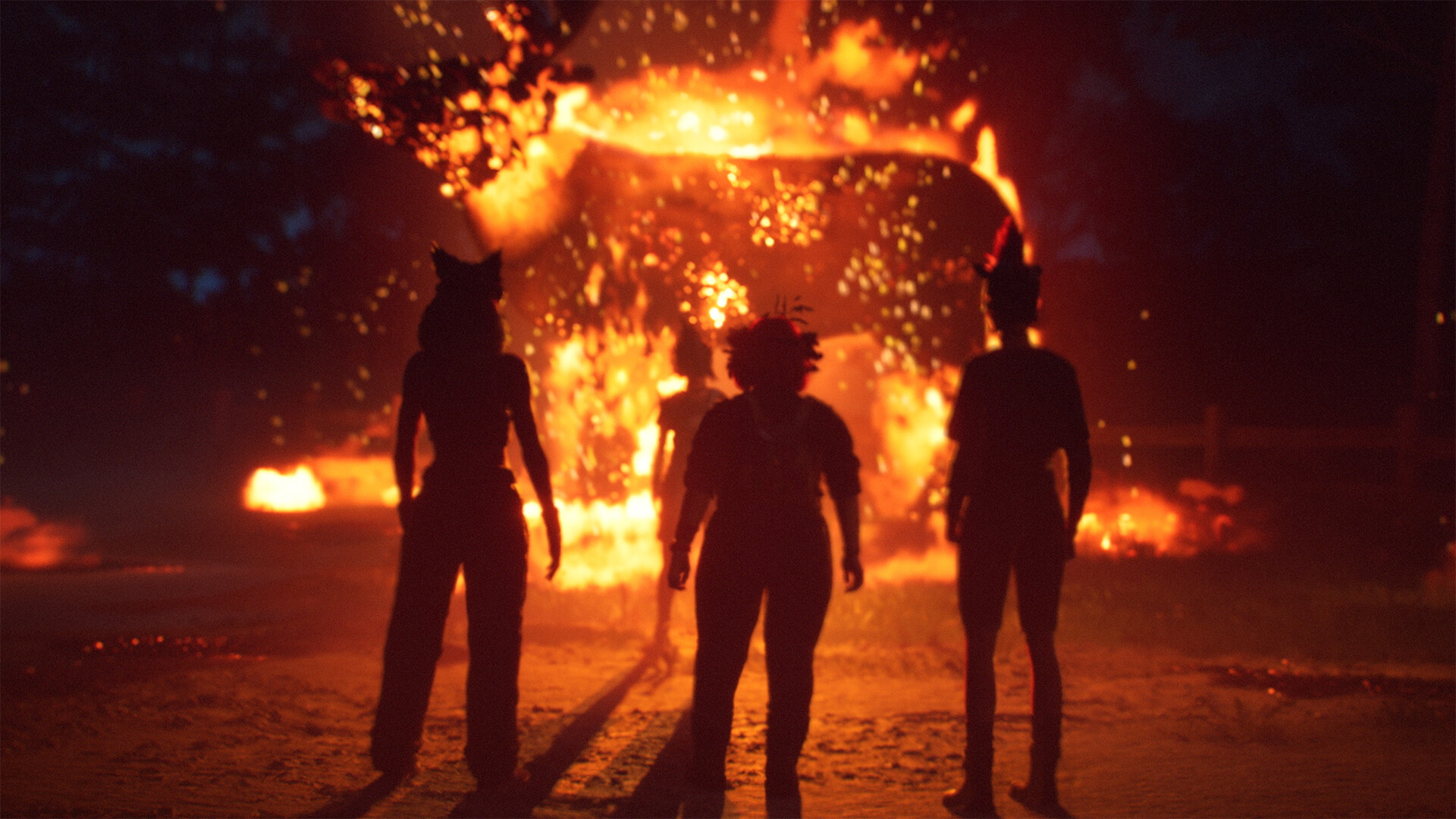 Four girls stand together before a burning scene.
