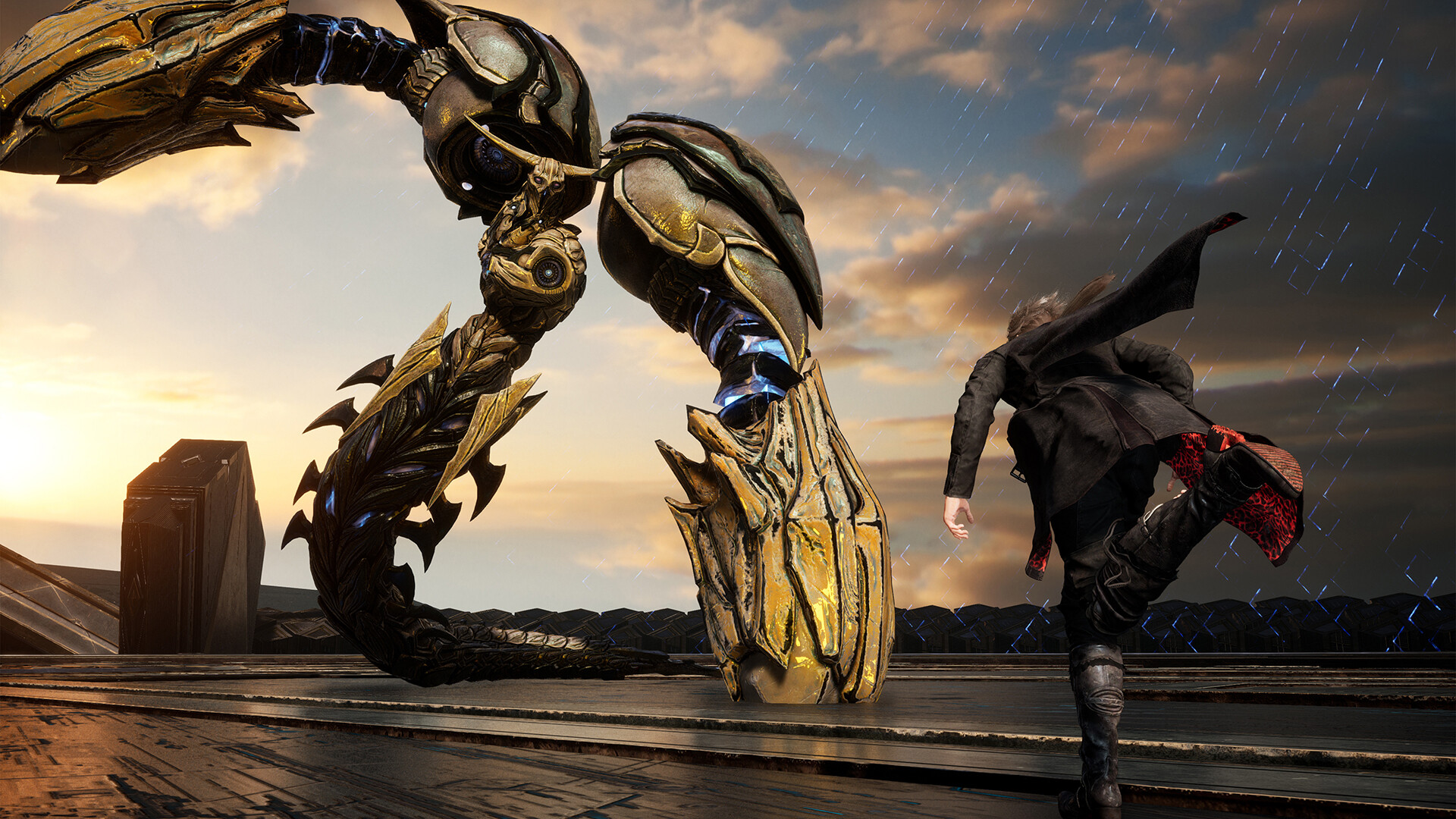 Kaser faces a towering mechanical enemy under a stormy sky.