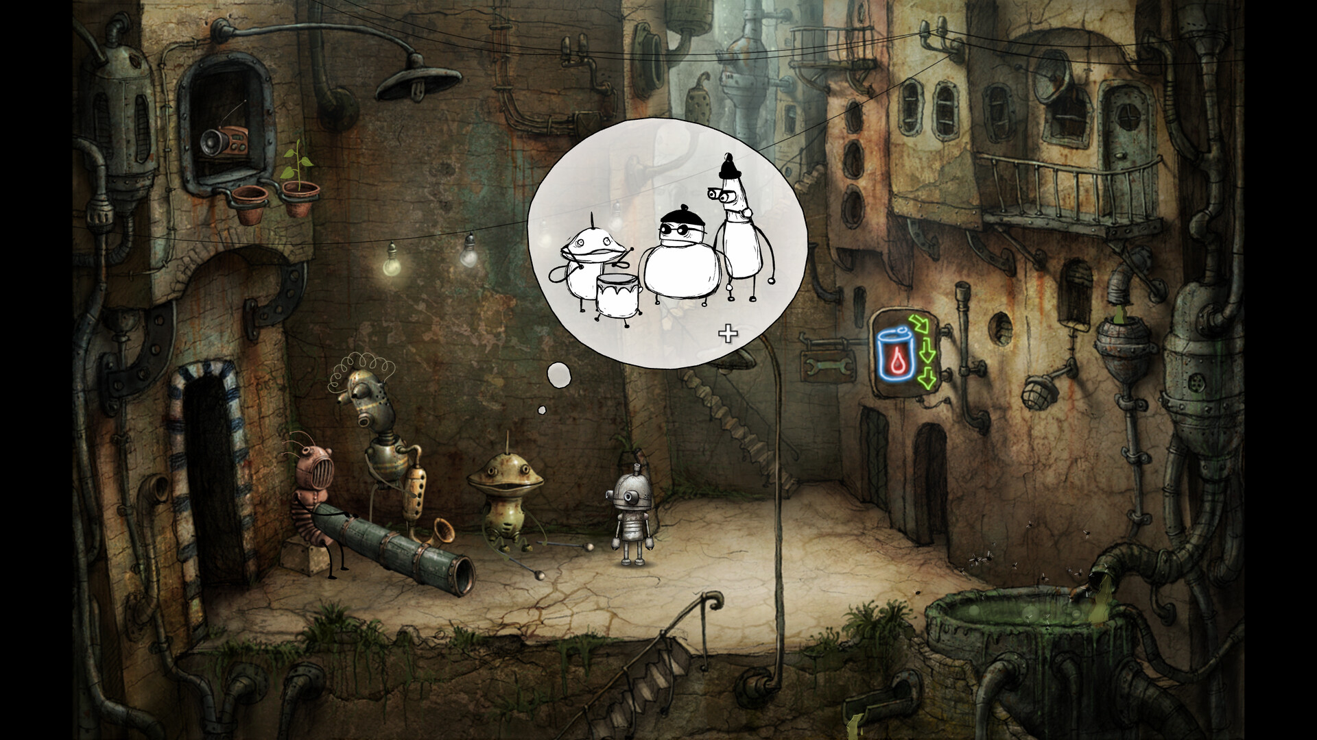 Josef meets other robots in a rusted city street.