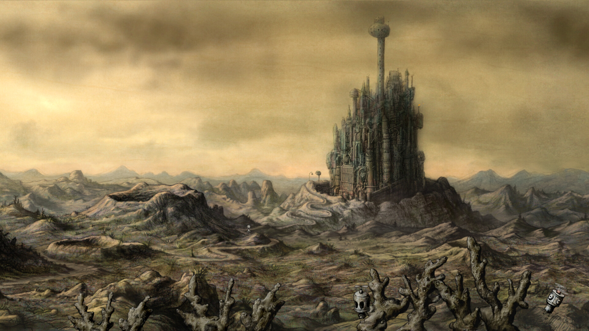 A distant tower rises above a landscape of discarded machinery.