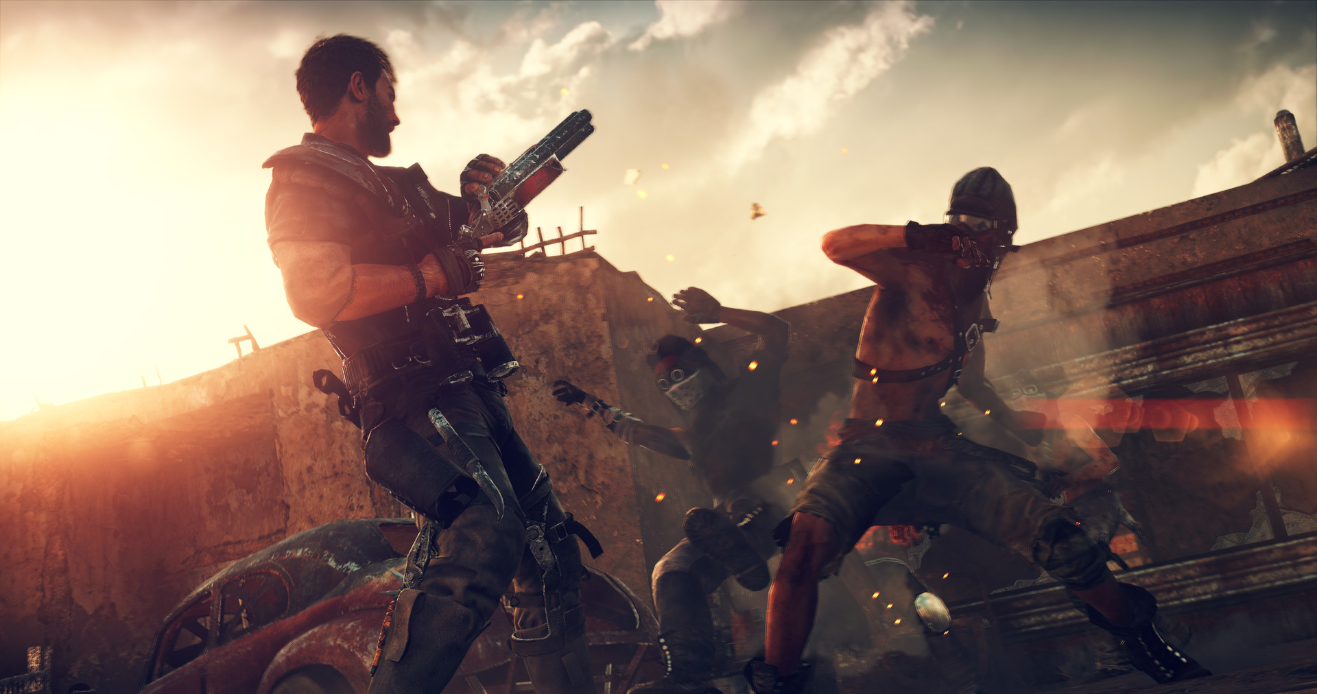 Max fires at attackers beside a wrecked vehicle.