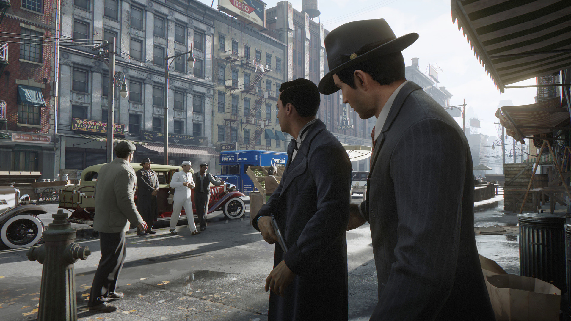 Suited men watch a scene unfold on a busy Lost Heaven street.