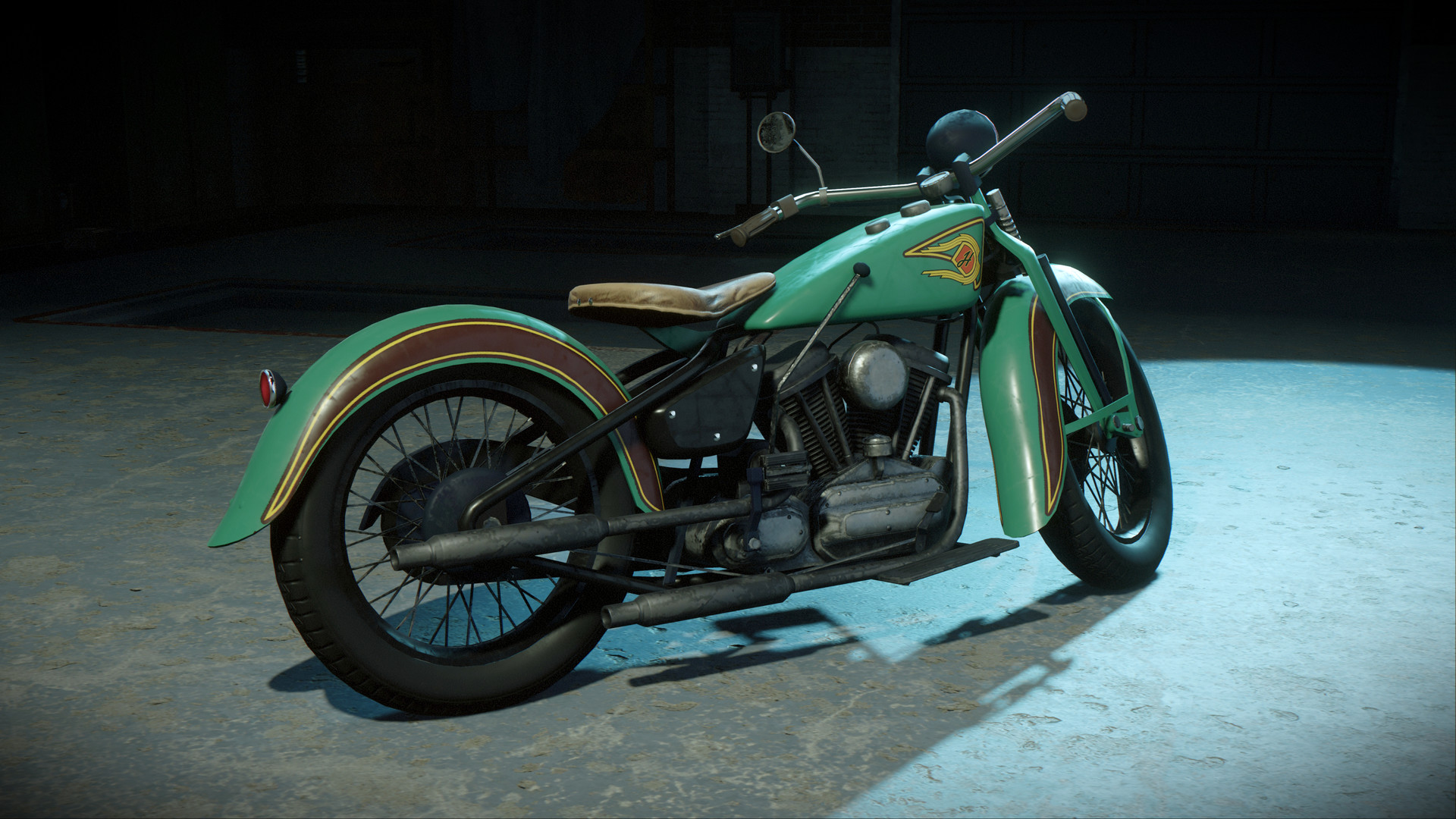 A green vintage motorcycle stands under a light.