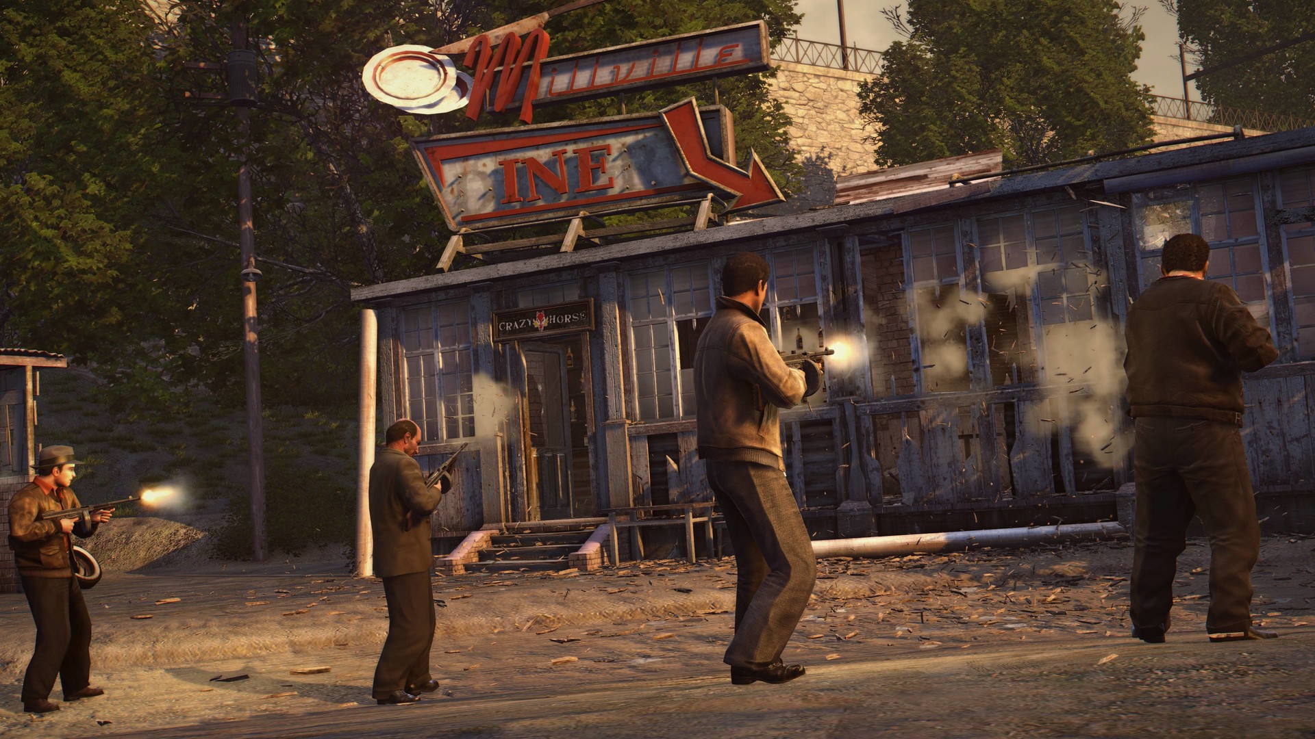 Armed men exchange fire outside a roadside diner.