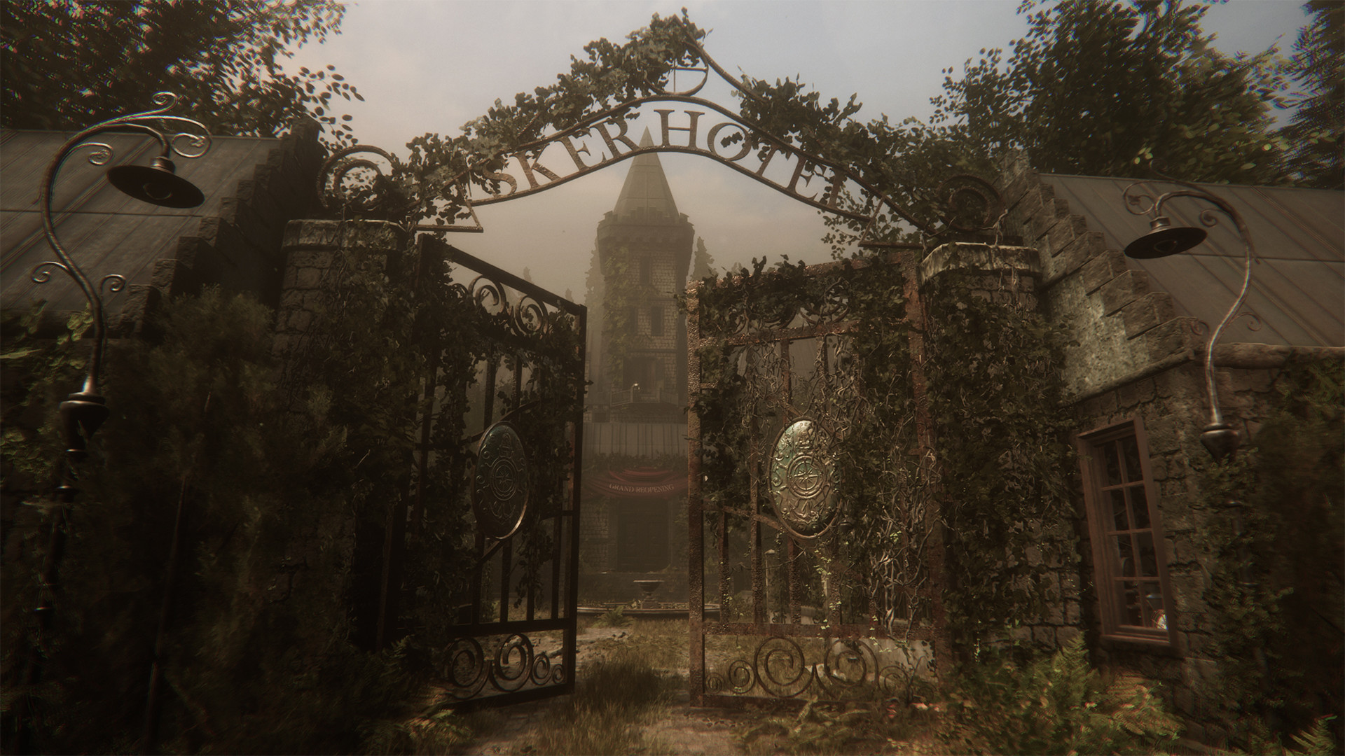 The entrance to Sker Hotel stands behind an overgrown gate.