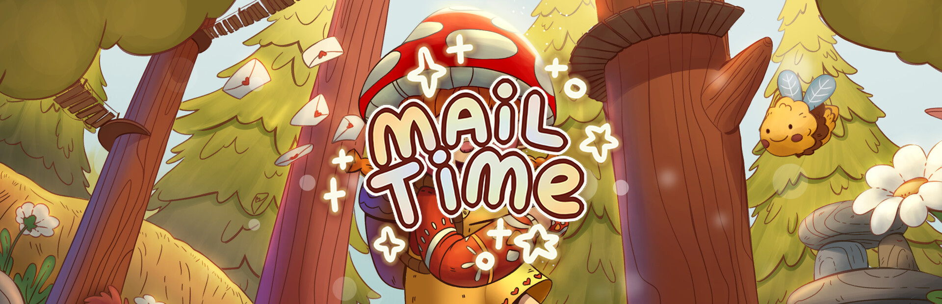 Official Steam library artwork places the Mail Time title among giant forest trees, a mushroom and flying letters.