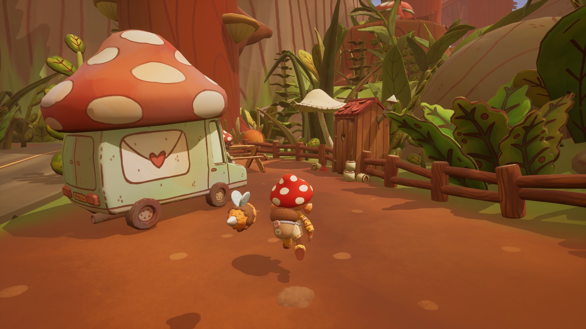 A mail scout approaches a mushroom-shaped delivery van on a forest path.