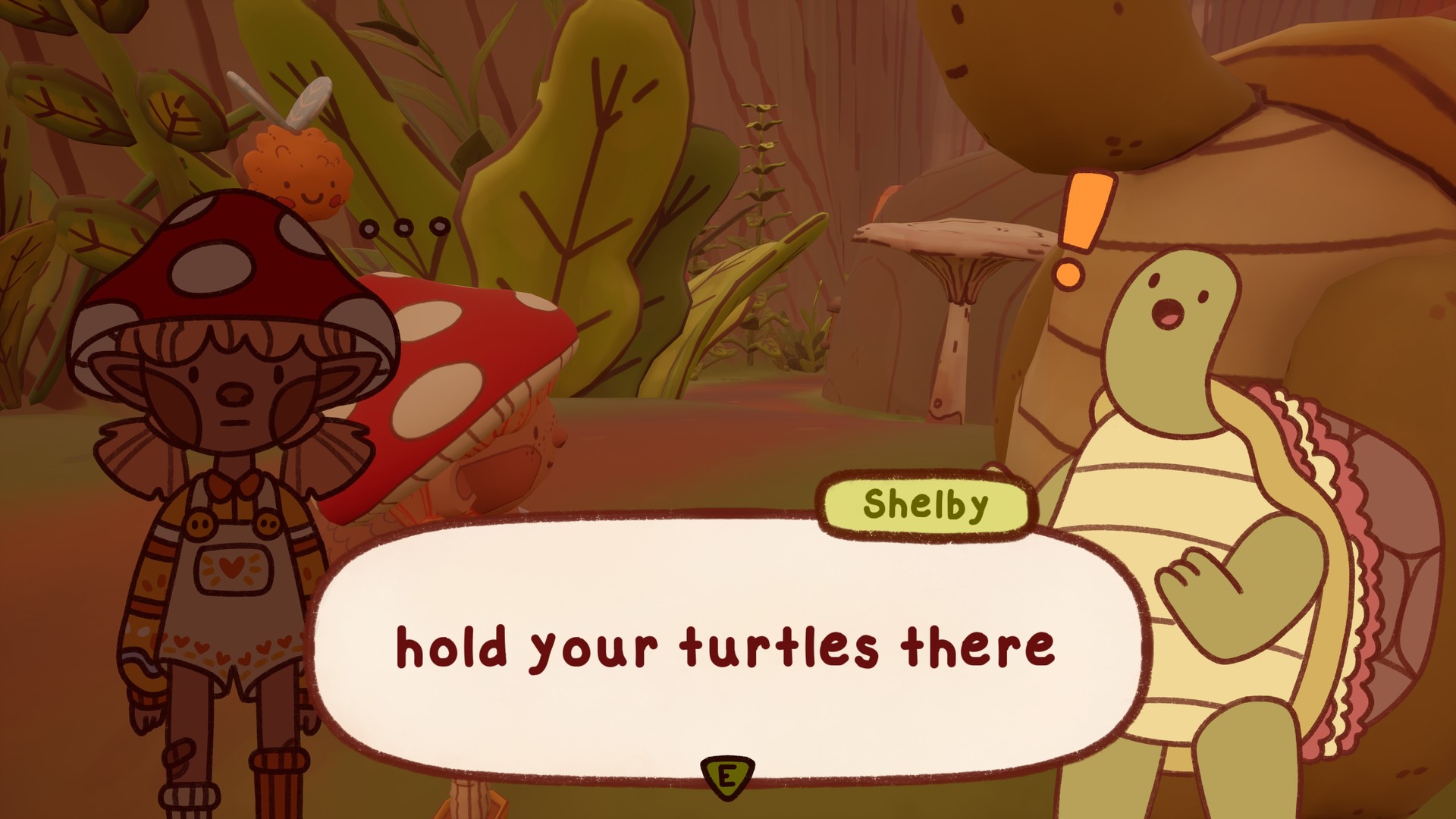 The mail scout speaks with Shelby beside a mushroom house.