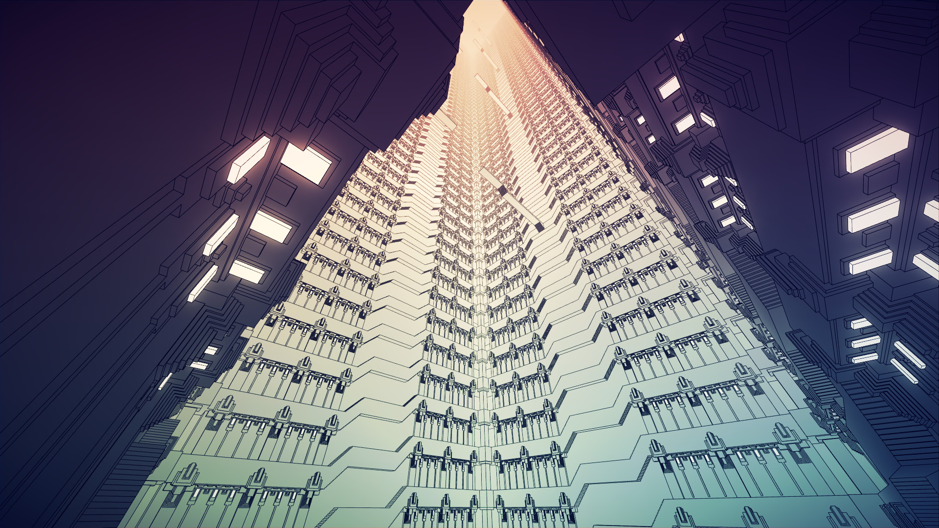 Repeating architecture rises toward a triangular opening.