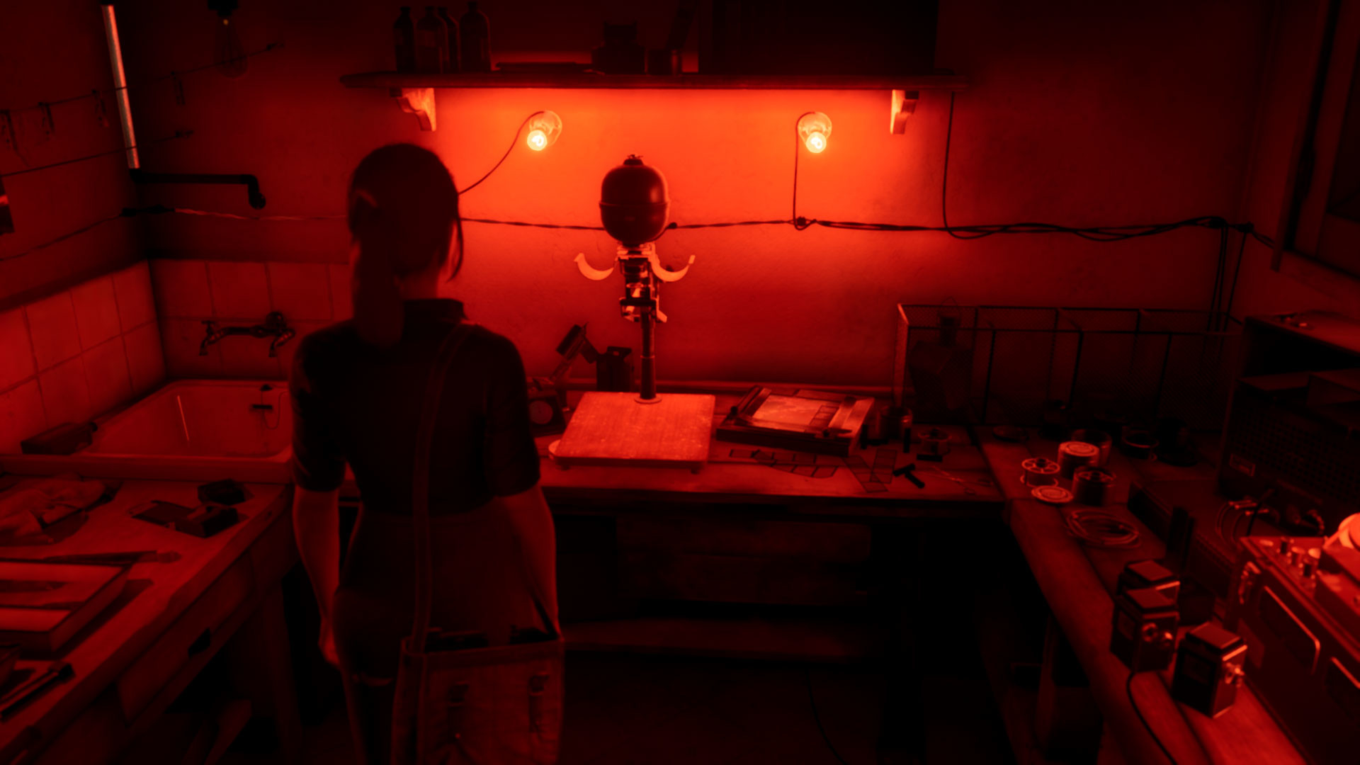 A figure stands in a red-lit photographic darkroom.