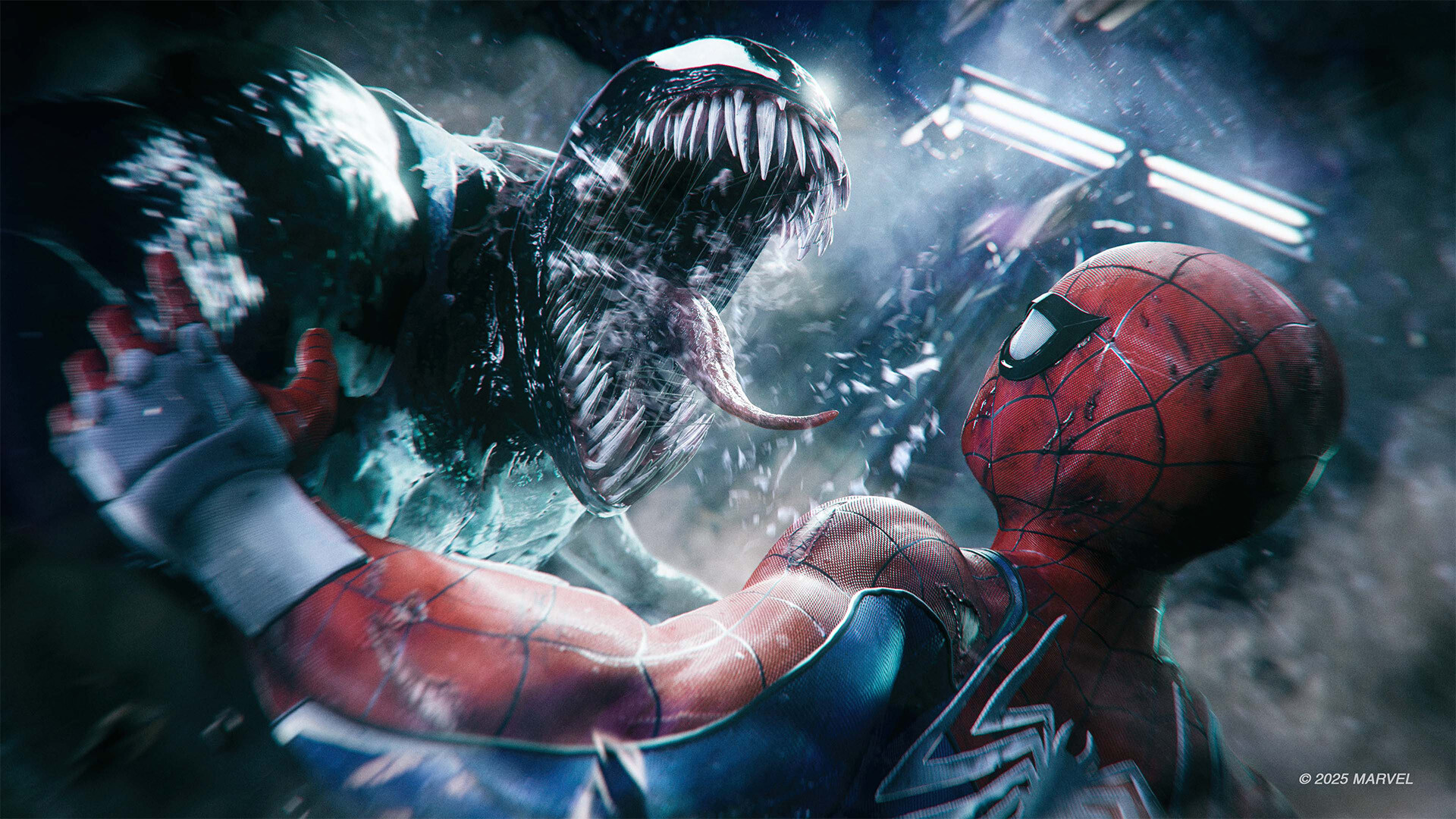 Peter struggles against Venom at close range.