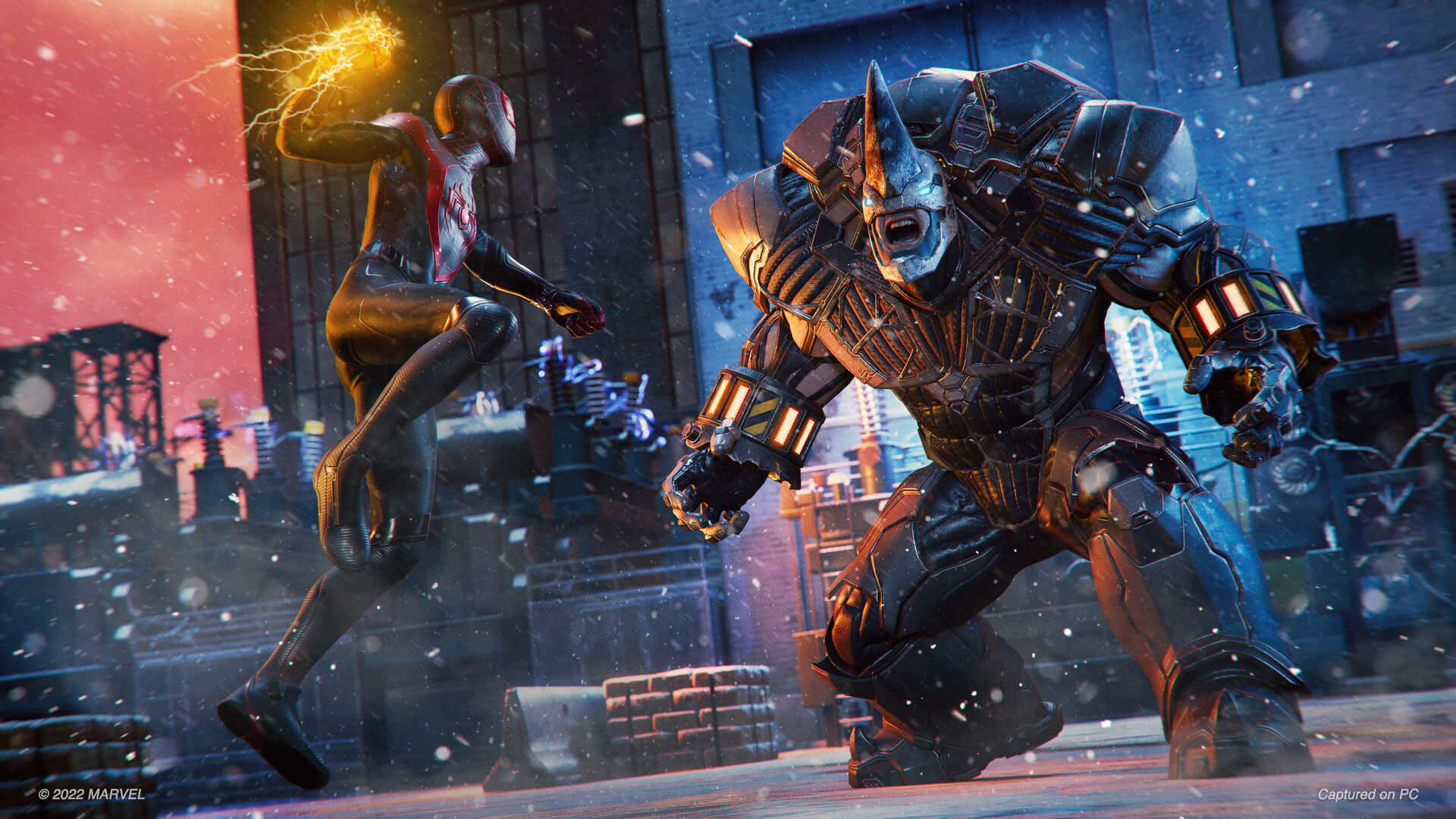 Miles faces a large armored enemy in a snowy street.