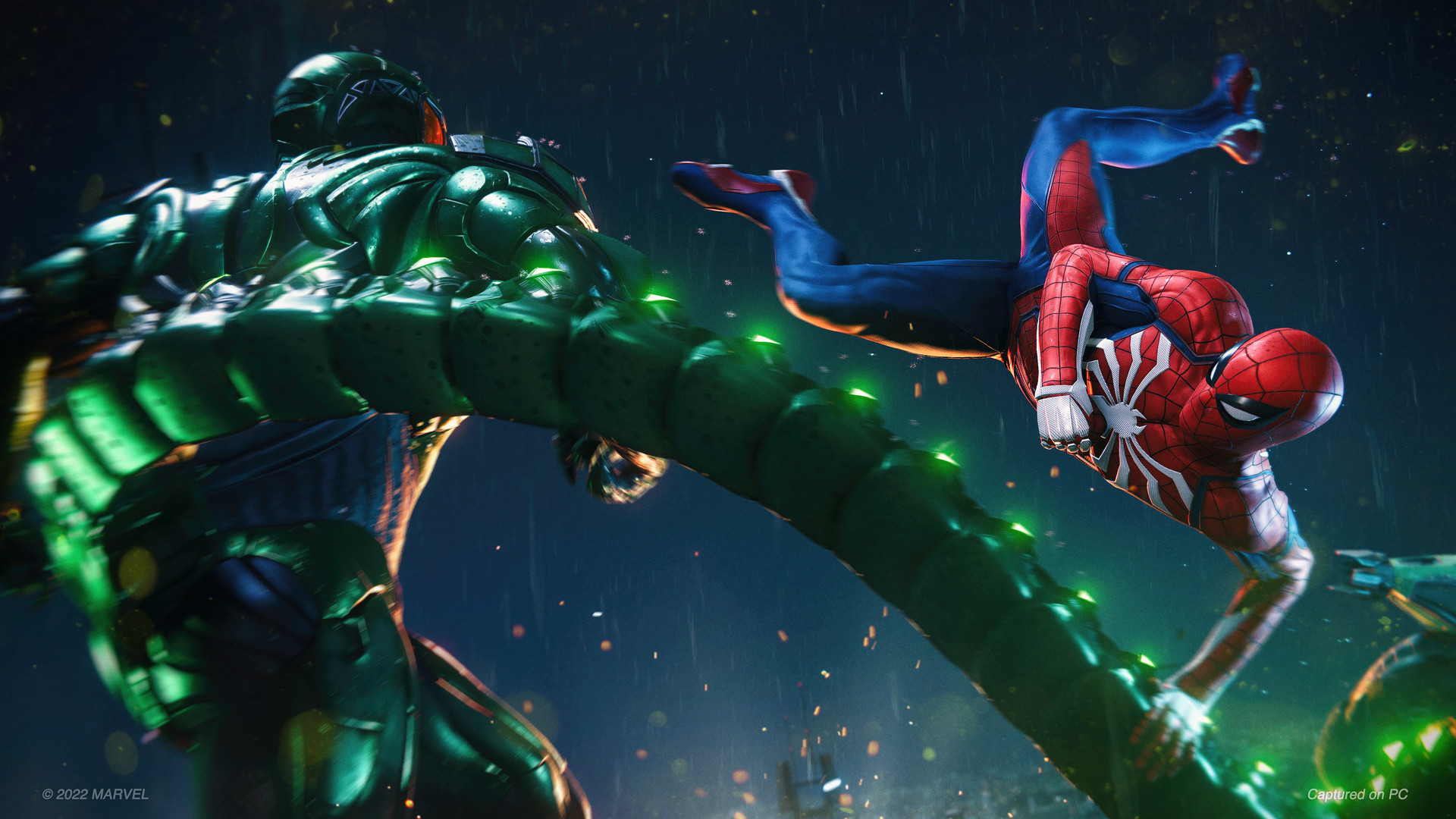 Spider-Man fights a large armored foe in the rain.