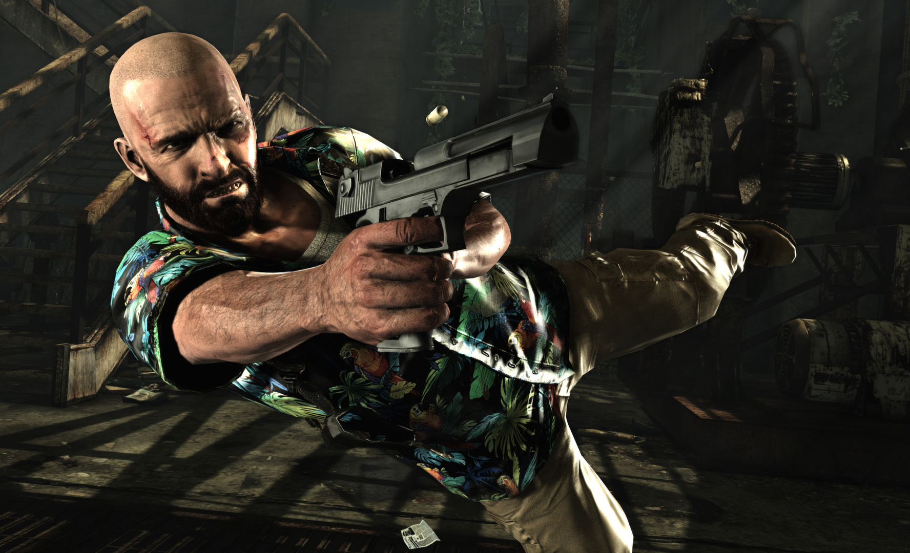 Max fires a handgun during a gunfight.