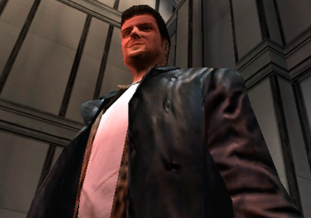 Max Payne stands outside a stone building.