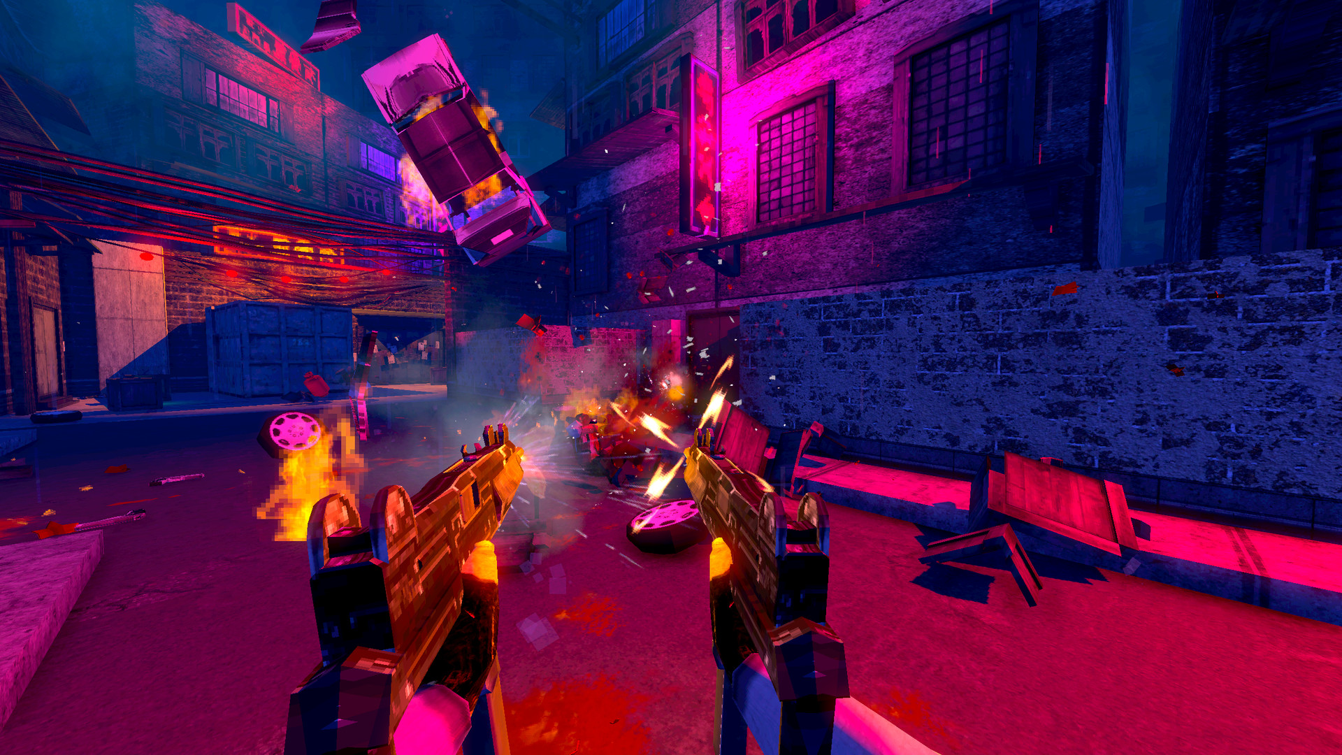 The player fires at armed opponents on a neon-lit street.