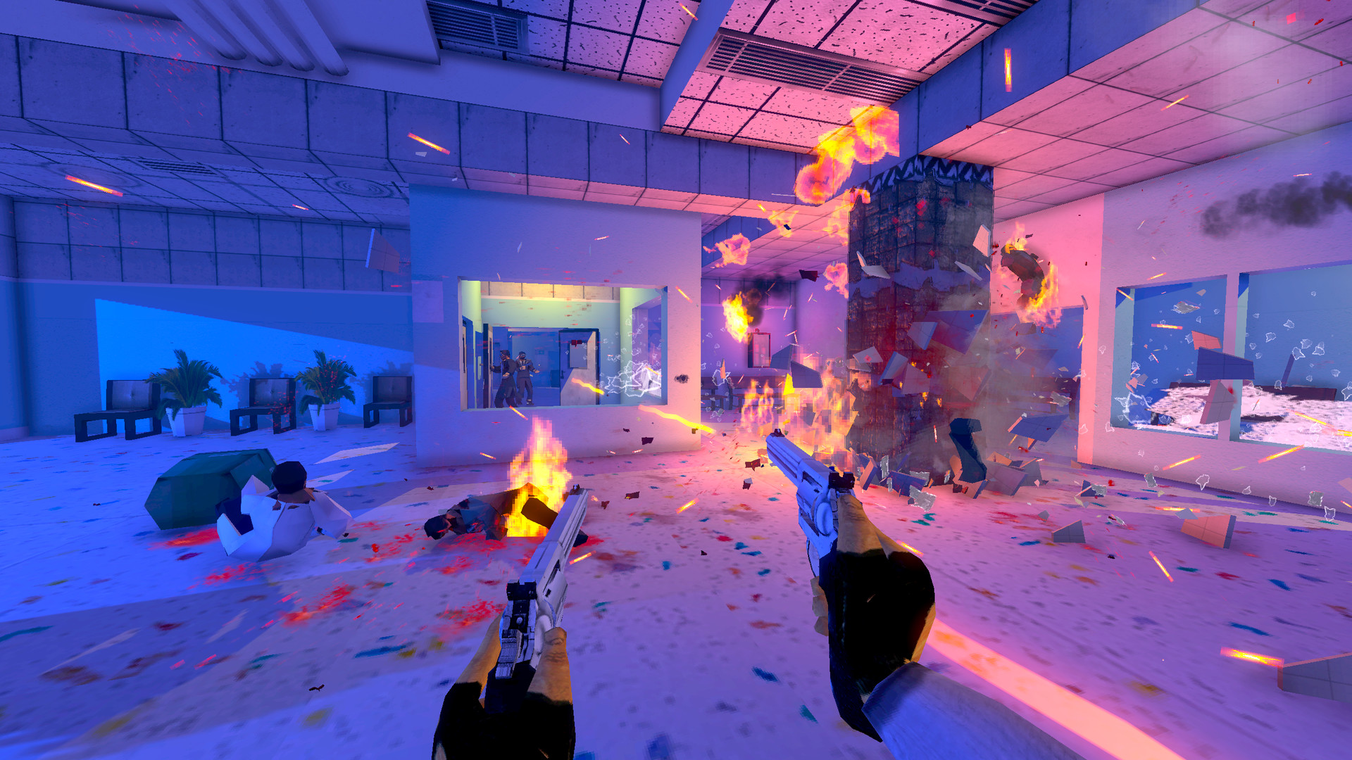 An explosion throws an enemy across a brightly lit room.