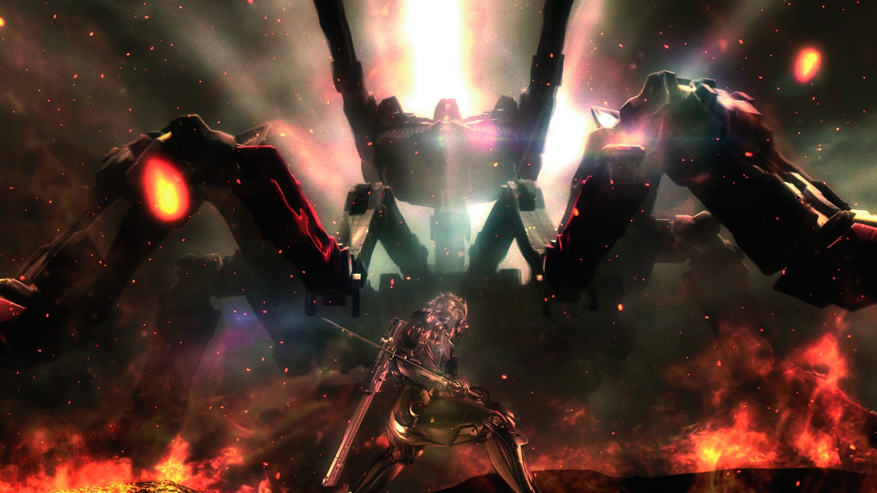 Raiden confronts a towering machine amid flames.