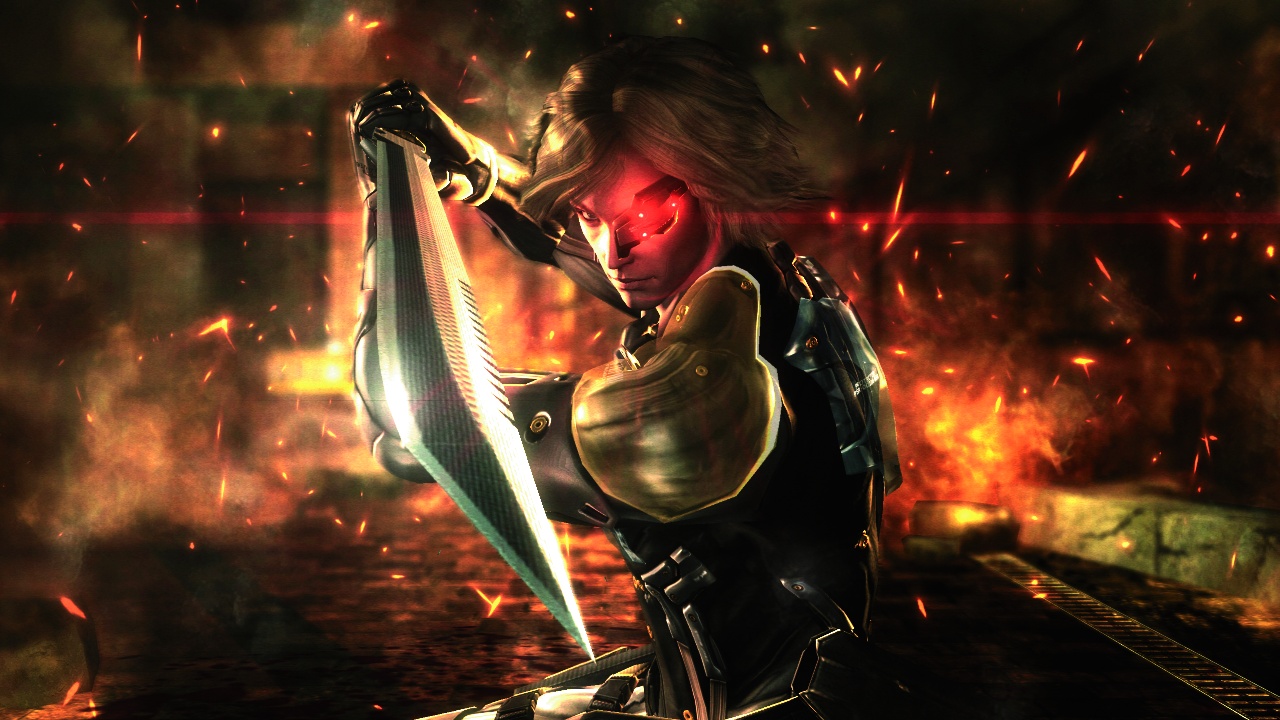 Raiden raises his blade in a fiery industrial scene.