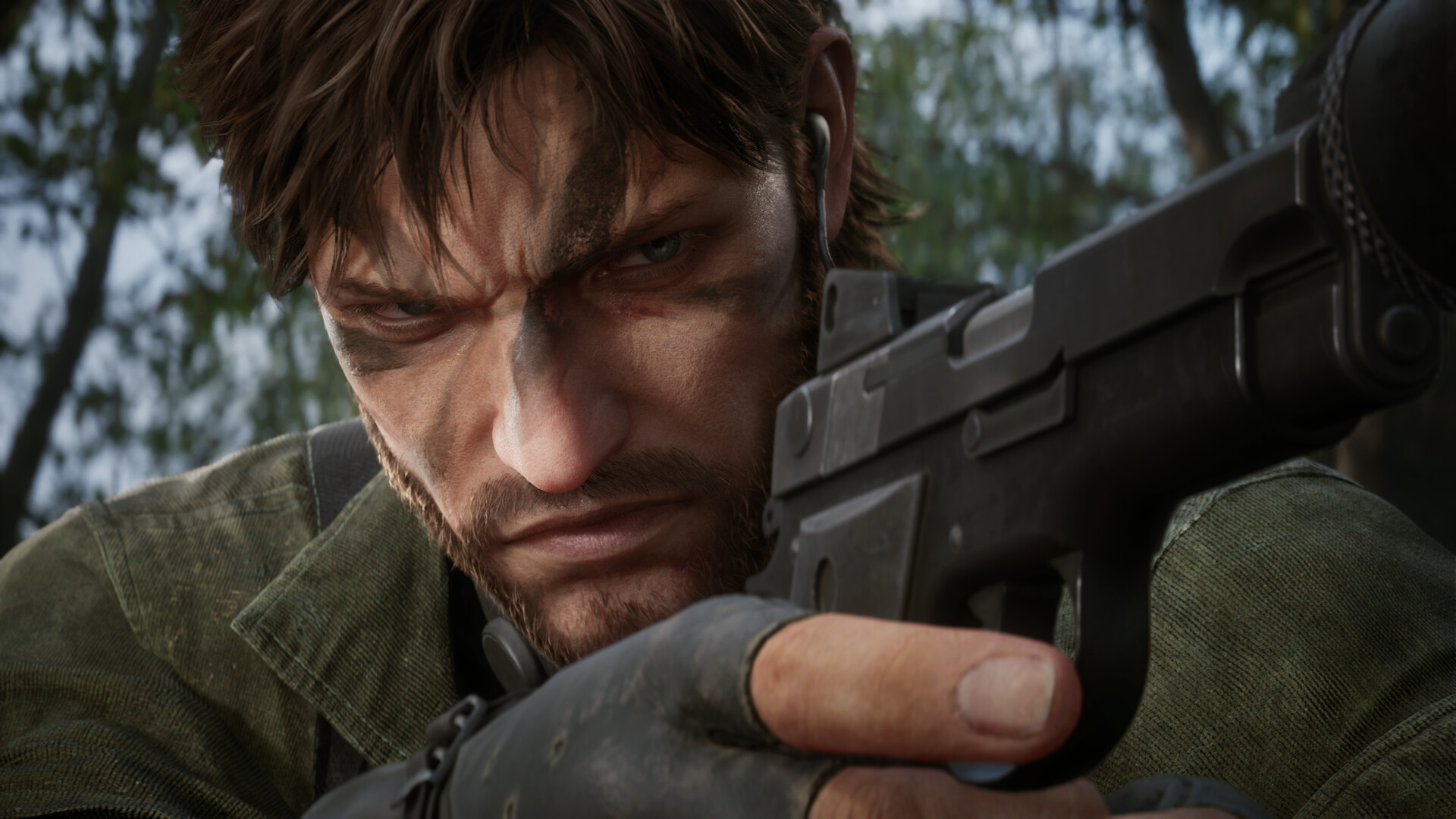 Snake aims a handgun in a forest.