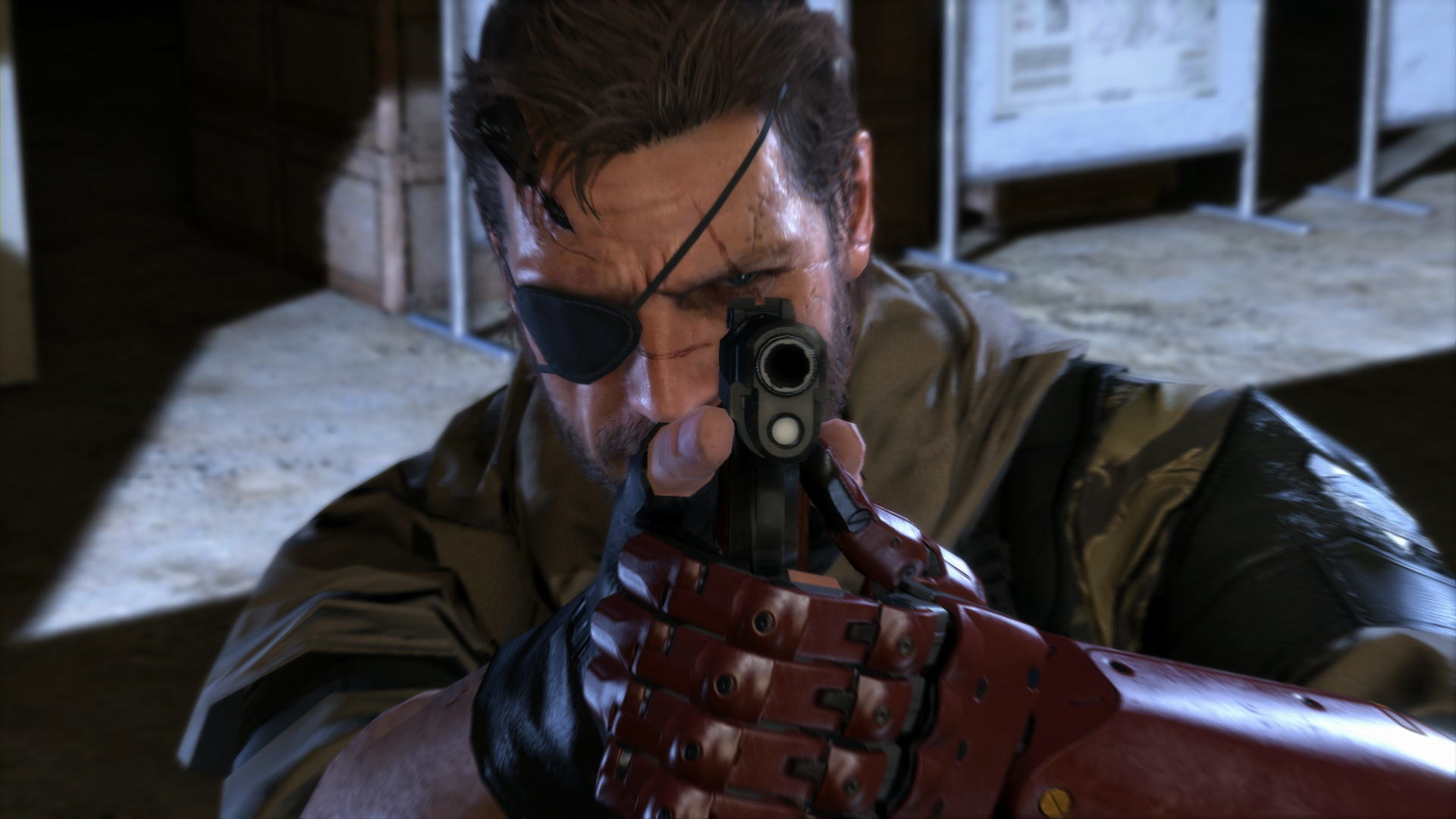 Snake aims a handgun during a close encounter.