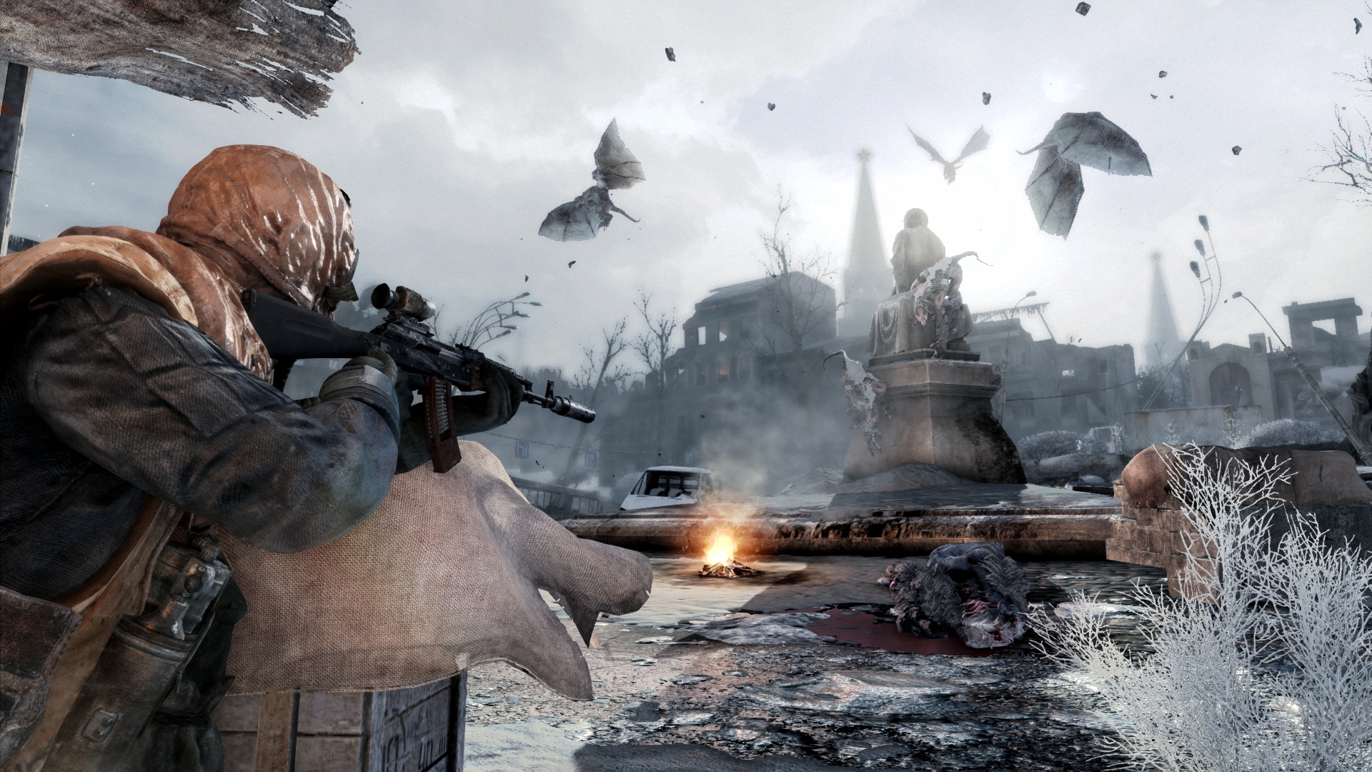 An armed survivor fights in a ruined square above ground.