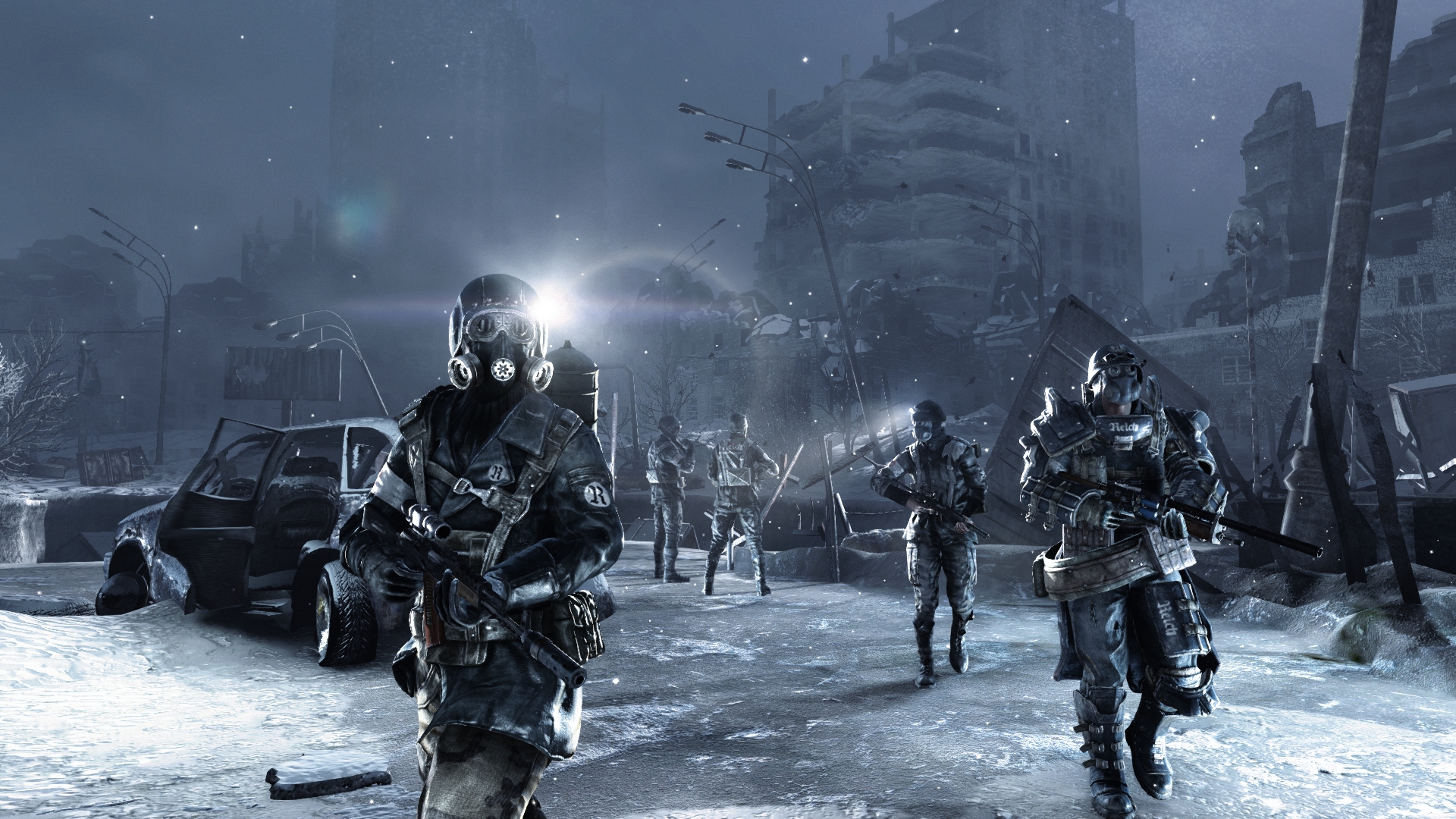 Masked soldiers advance through a snow-covered street at night.