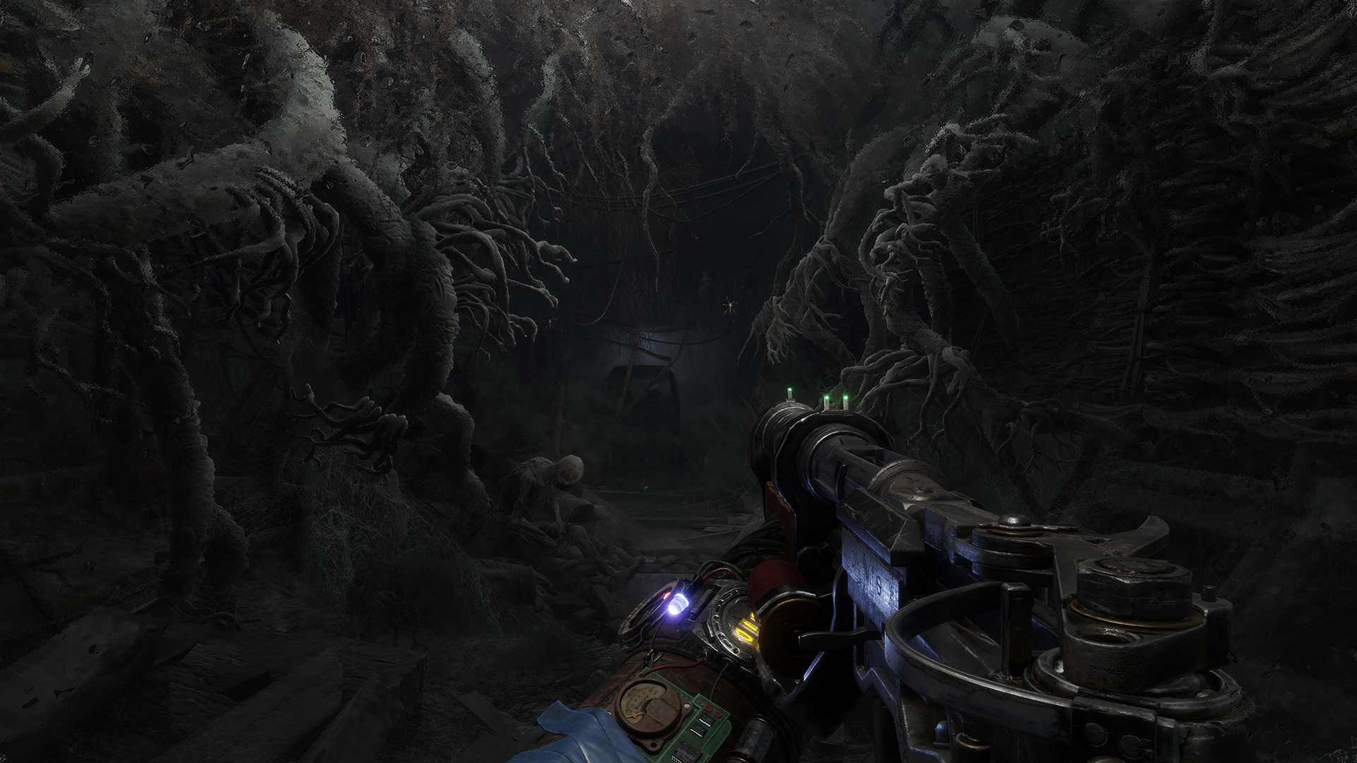 A weapon is raised towards a passage in an overgrown tunnel.