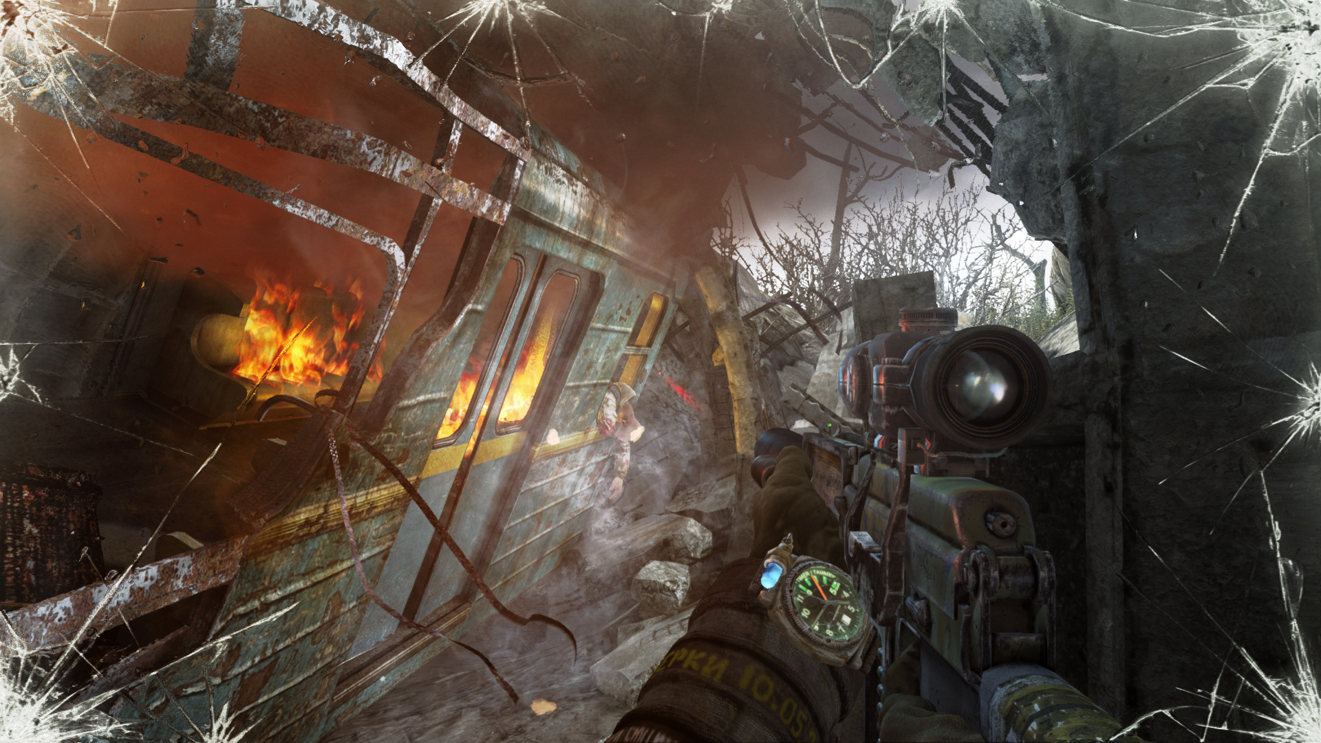 A view through a weapon sight beside a burning train wreck.