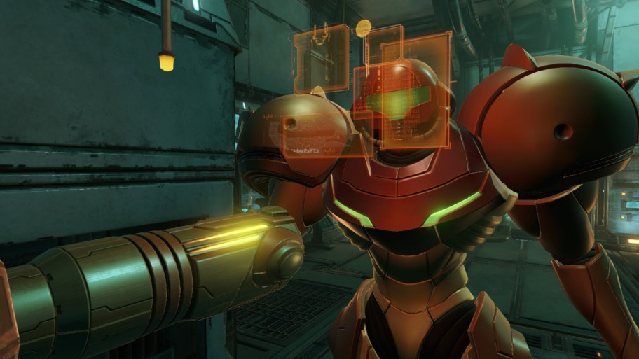 Samus stands inside a Tallon IV facility in her Power Suit.