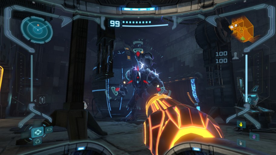 A first-person view shows Samus firing the Arm Cannon at a hostile machine.