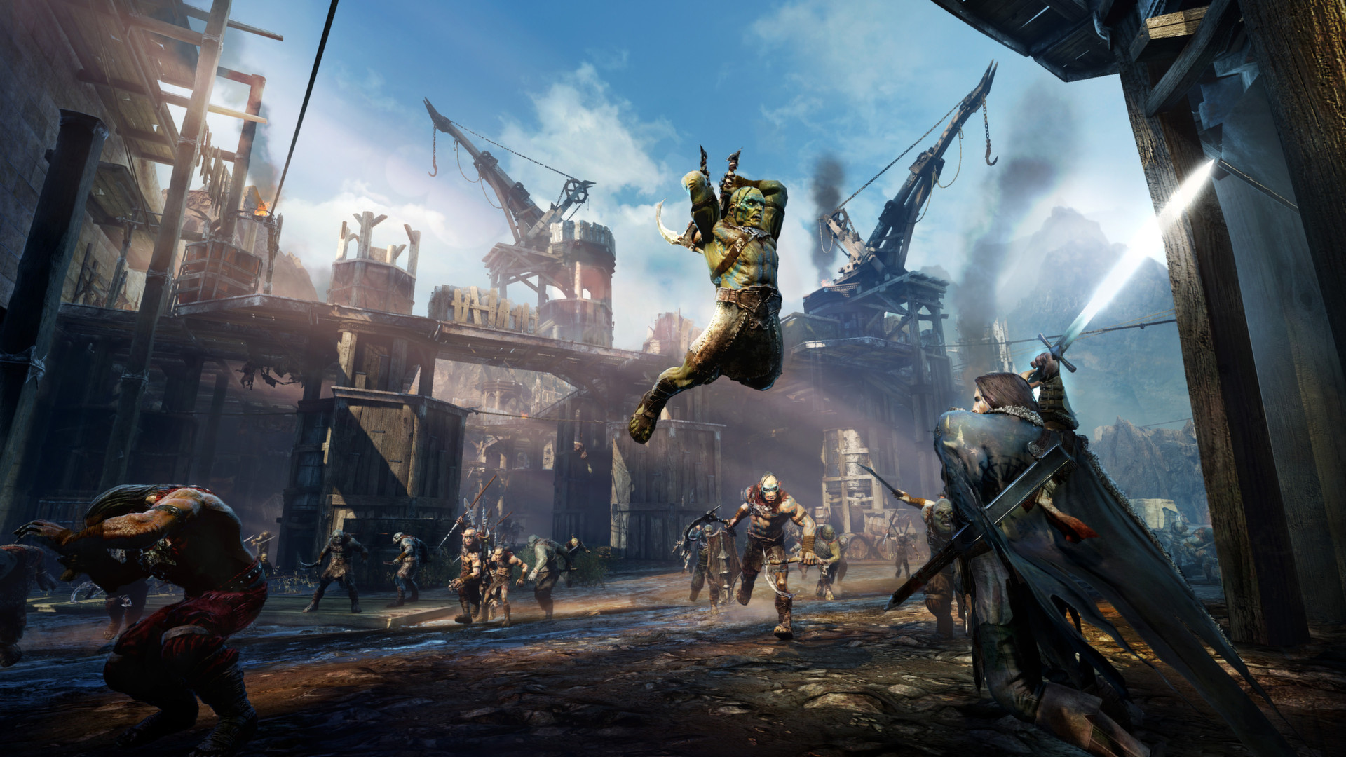 An Uruk leaps into combat inside a fortified yard.