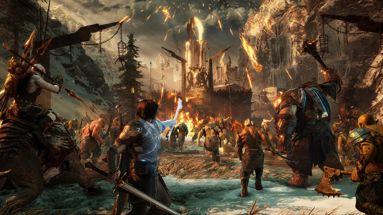 Talion faces orc forces near a fortress.