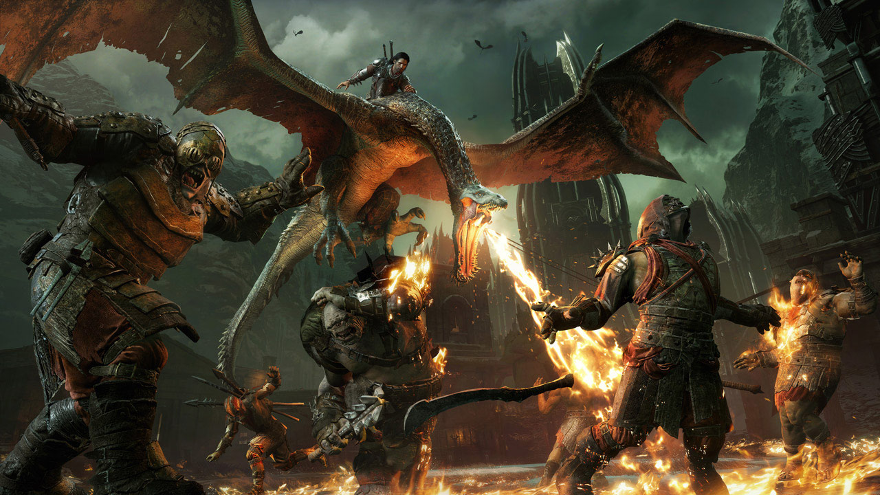A dragon attacks amid a battle with orc soldiers.