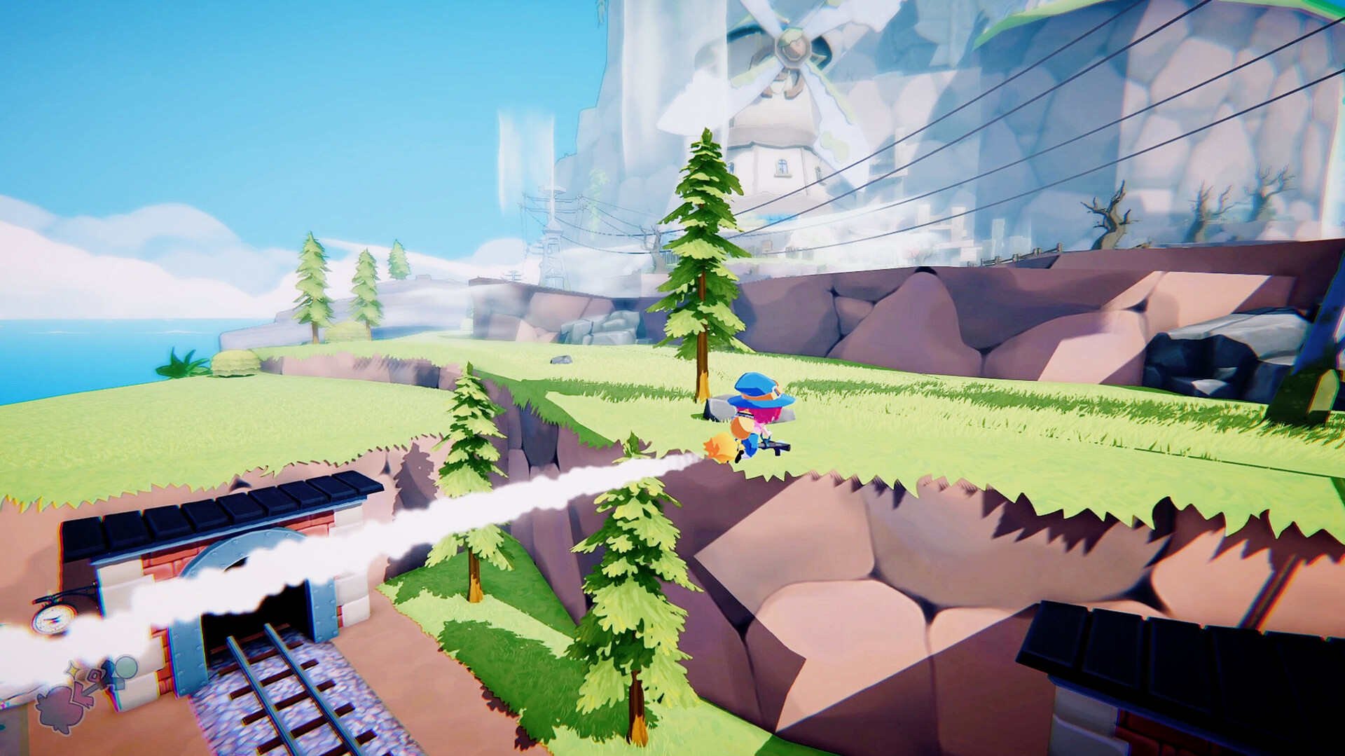 Mika flies on her broom over grassy cliffs and railway tracks.