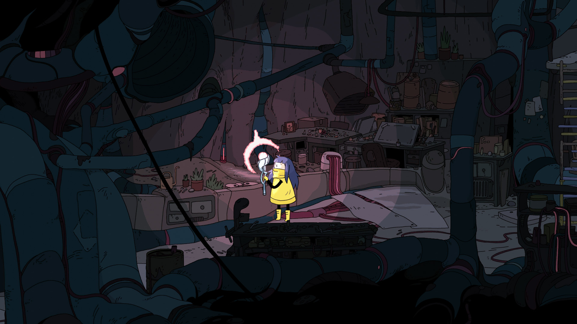 Moa holds a glowing staff among pipes and machinery.