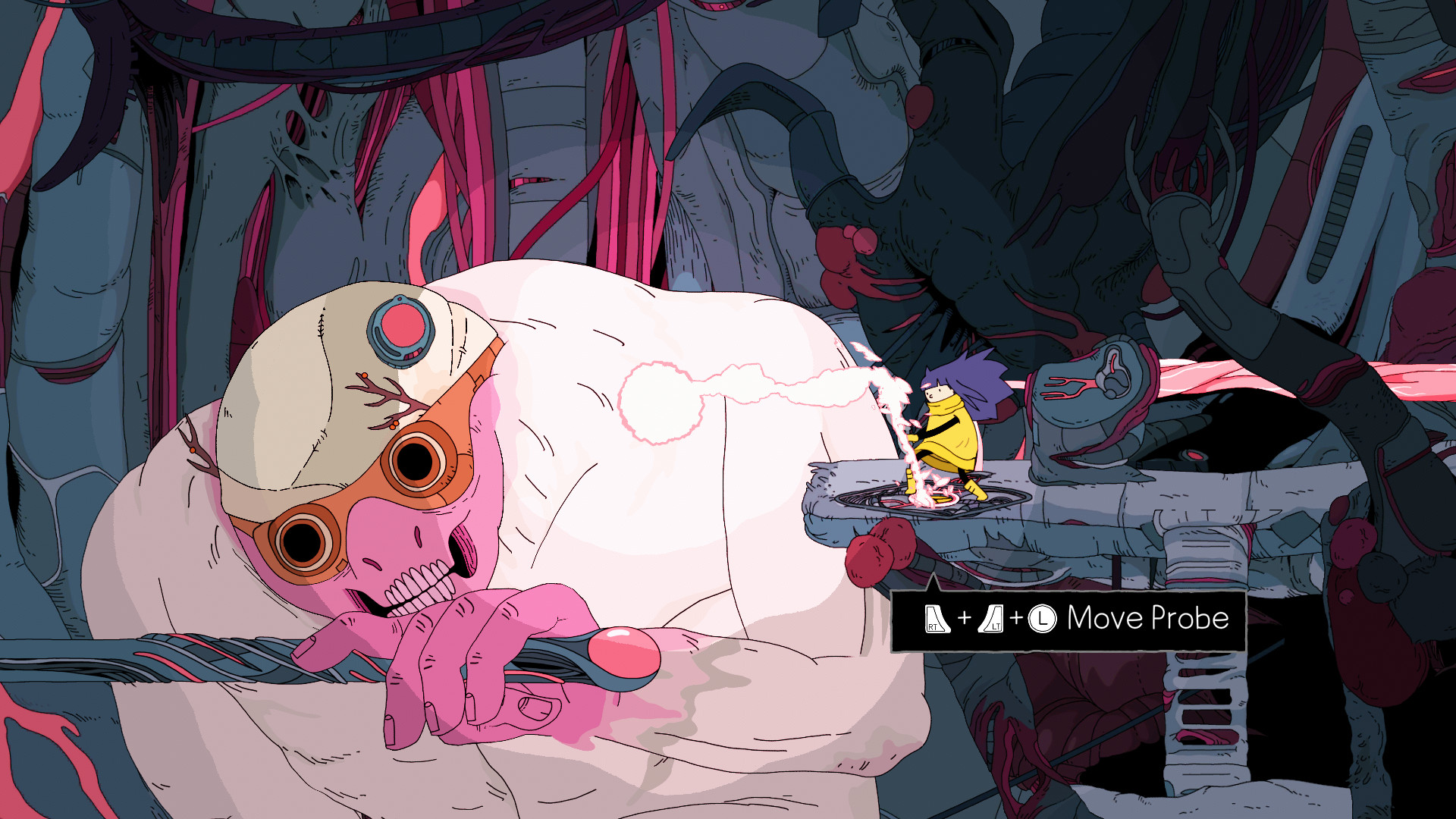 Moa uses her staff beside a giant sleeping figure amid machinery.
