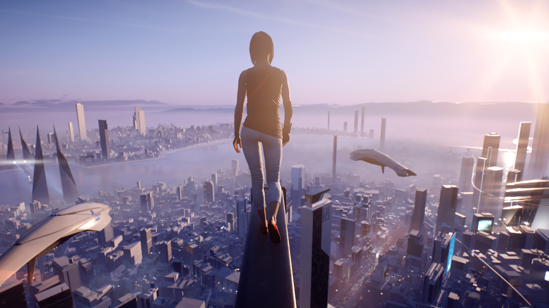 Faith overlooks the city from a high ledge.