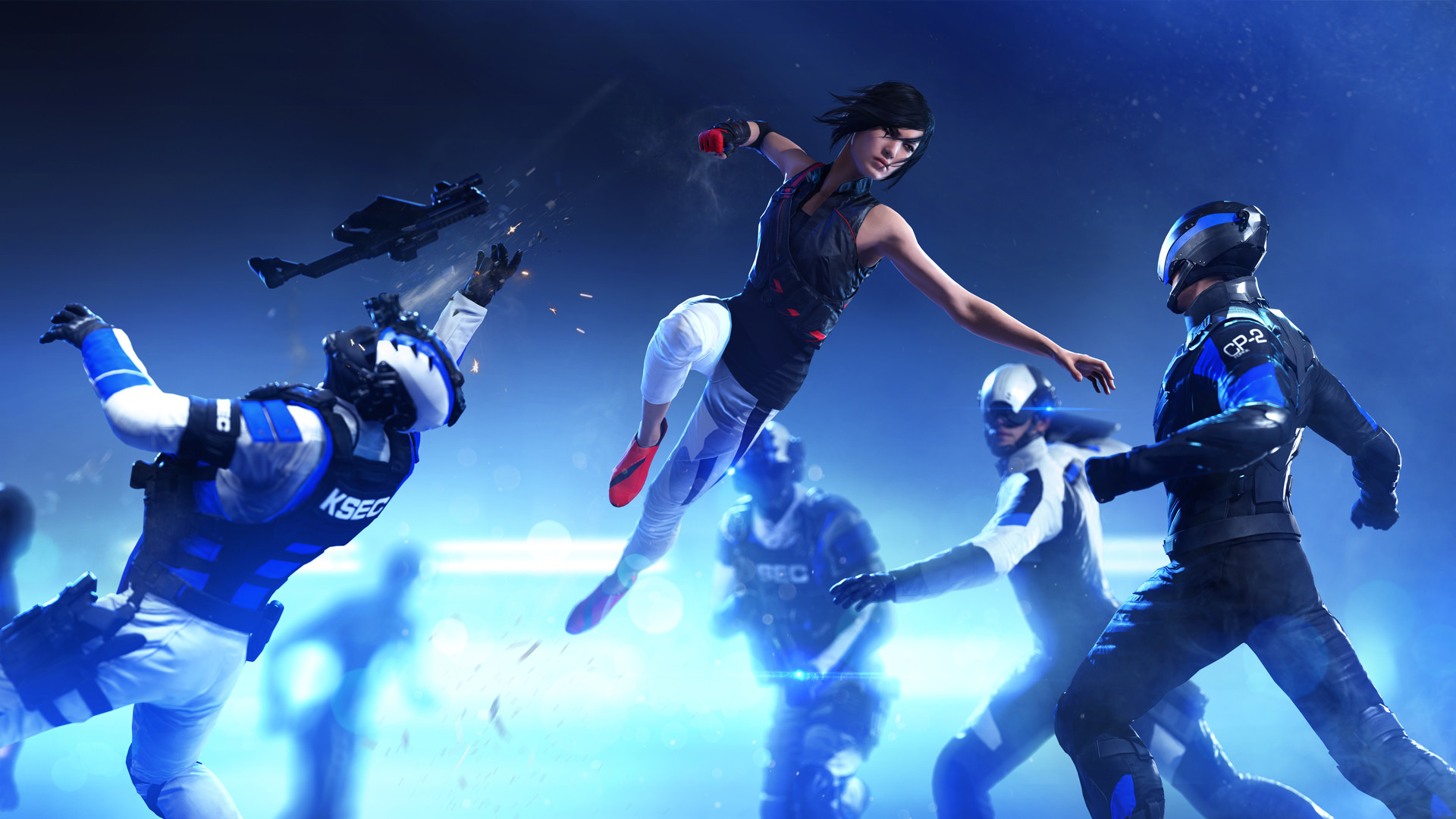 Faith fights security officers in a blue-lit room.
