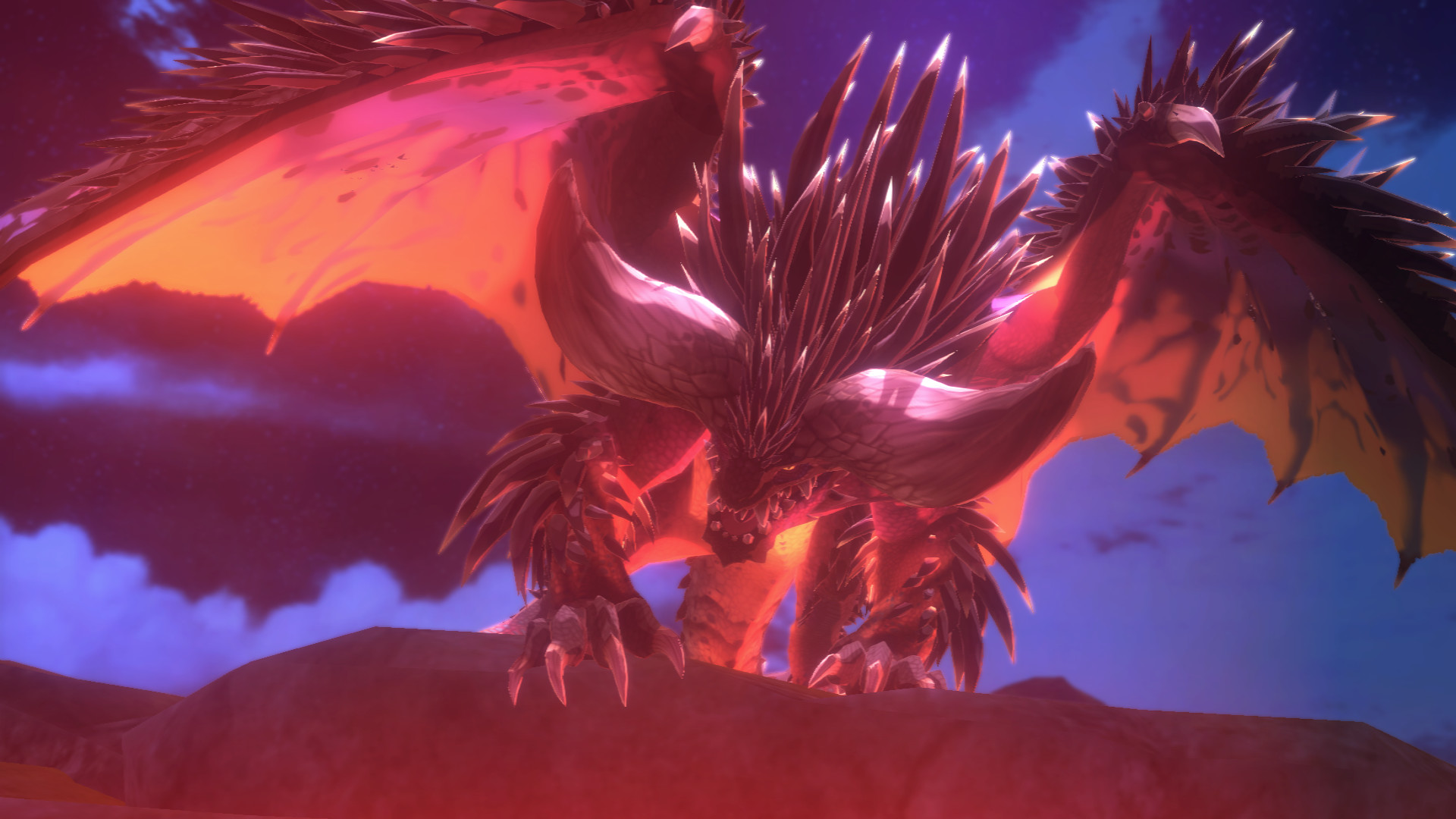 A horned, winged monster looms over a rocky ridge.