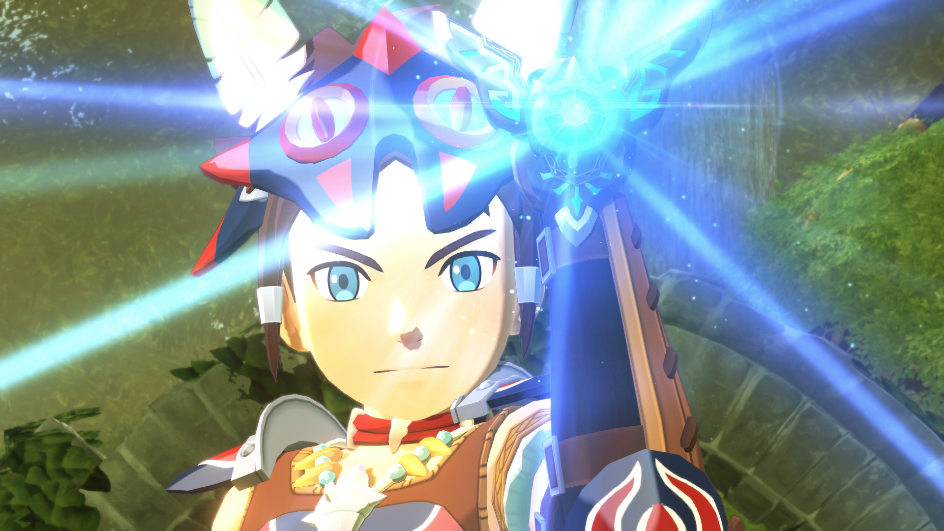 A Rider raises an arm as blue light shines beside them.